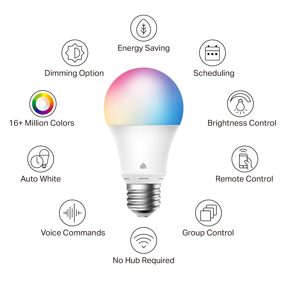 White Kasa KL125 A19 smart bulb with an E26 screw base, lit in color