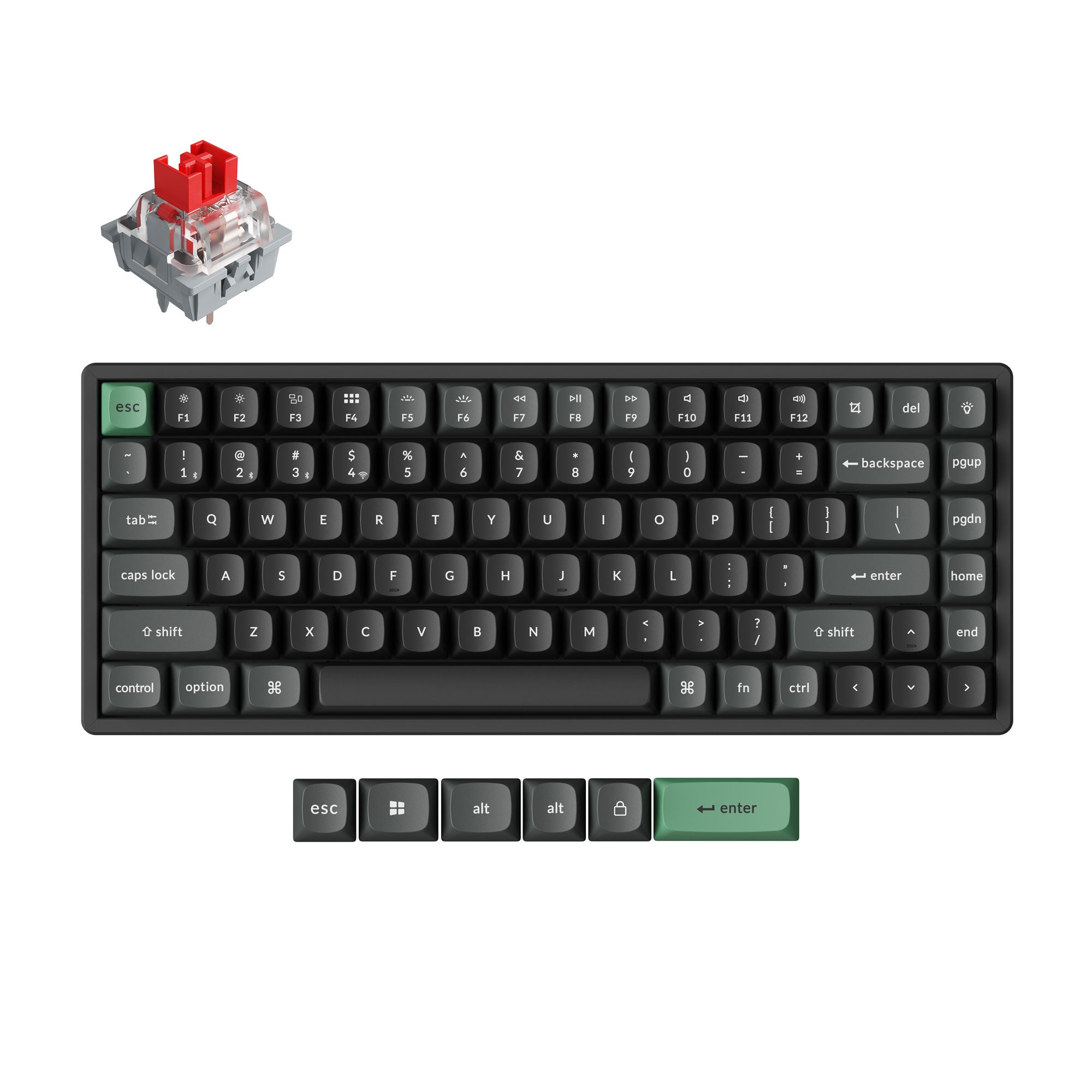 Keychron K2 Ultra 8K in black with a green Escape keycap, shown with a separate red Apex switch and a row of spare keycaps