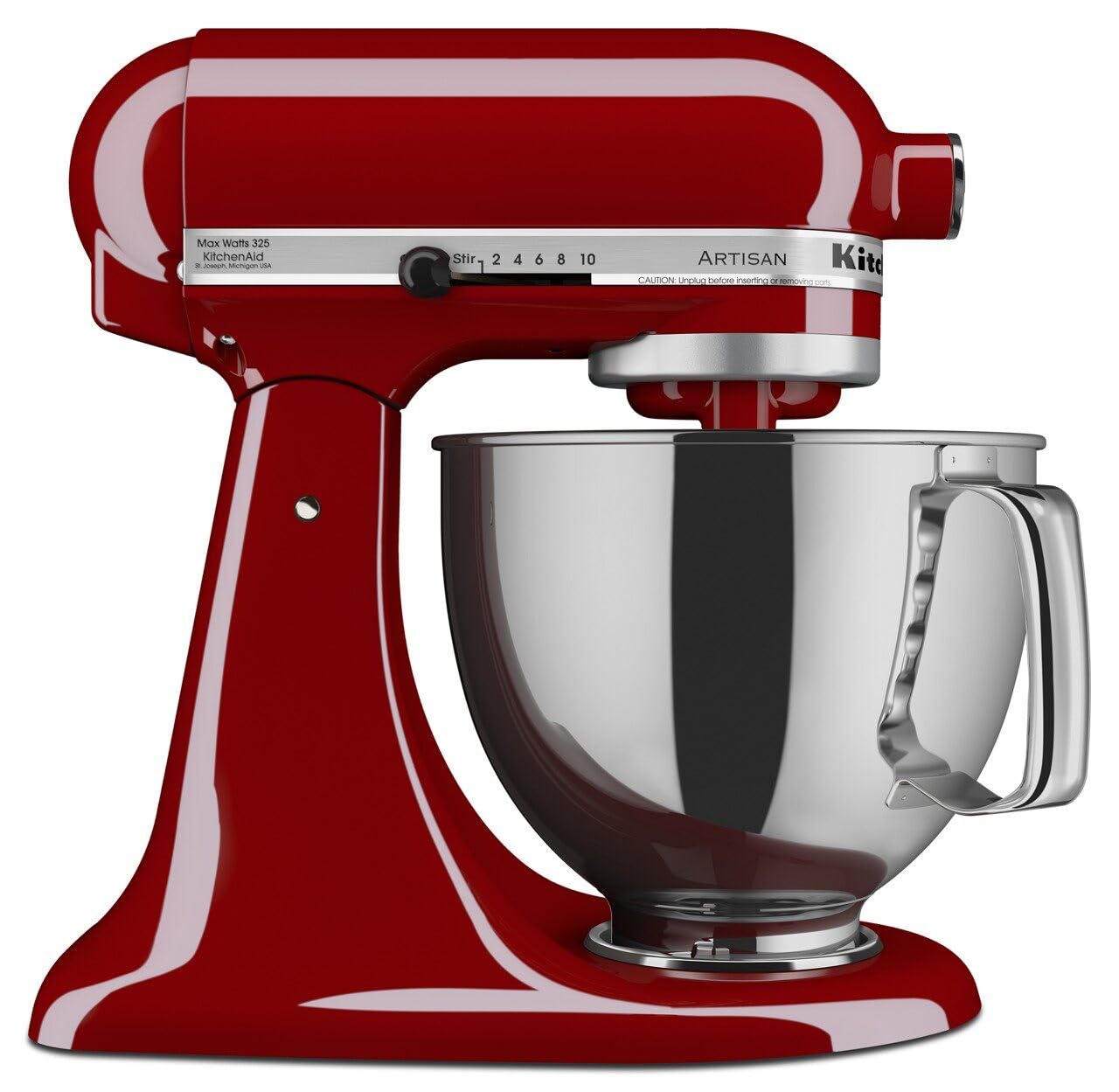 KitchenAid's glossy Empire Red Artisan tilt-head stand mixer — the brushed-metal band printed Max Watts 325 and KitchenAid, the black slide speed lever beside a Stir-to-10 scale, ARTISAN lettering on the head, and the polished stainless 5-qt bowl with wide handle seated on the red base, on a plain white background