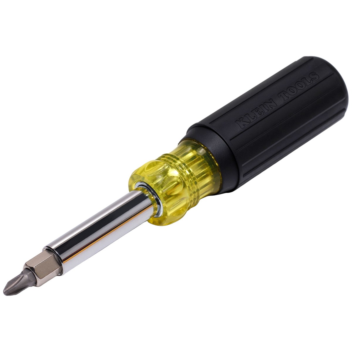 Klein Tools 32500 11-in-1 multi-bit screwdriver with a black and yellow Cushion-Grip handle and a double-ended bit in the shaft