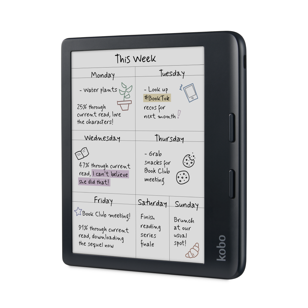 Black Kobo Libra Colour angled front view on a plain white background, two page-turn buttons on the right edge, kobo wordmark printed vertically on the lower part of the wide right bezel, screen showing a handwritten weekly planner with yellow and purple highlights