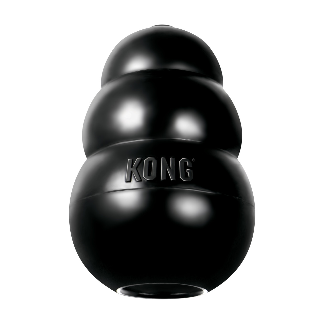 Black KONG Extreme dog toy in the hollow snowman shape, standing upright on a white background