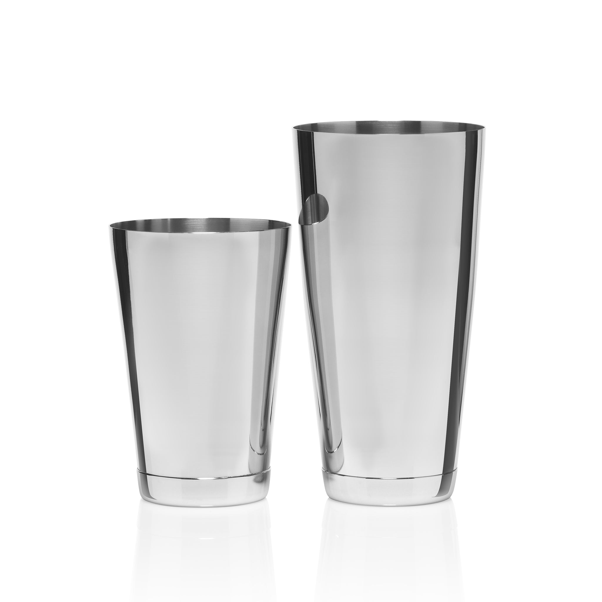 Two stainless steel Koriko weighted shaking tins, the 28 oz large tin beside the 18 oz small tin, on white