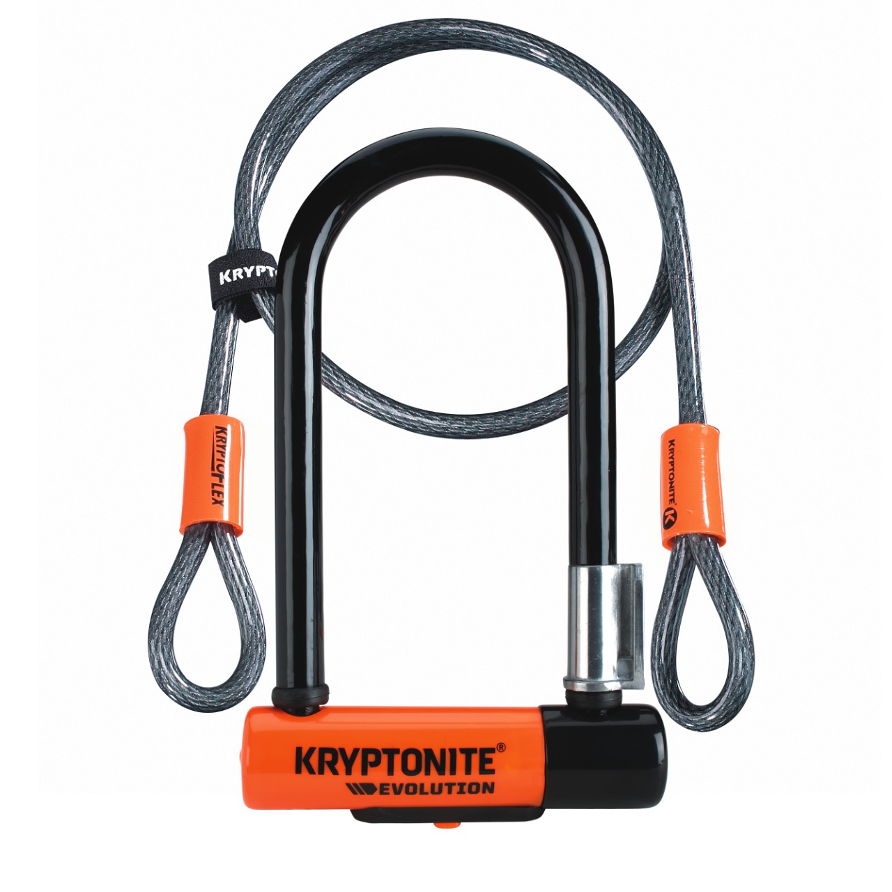 Kryptonite Evolution Mini-7 U-lock in black vinyl coating with a coiled 4-foot Flex cable beside it
