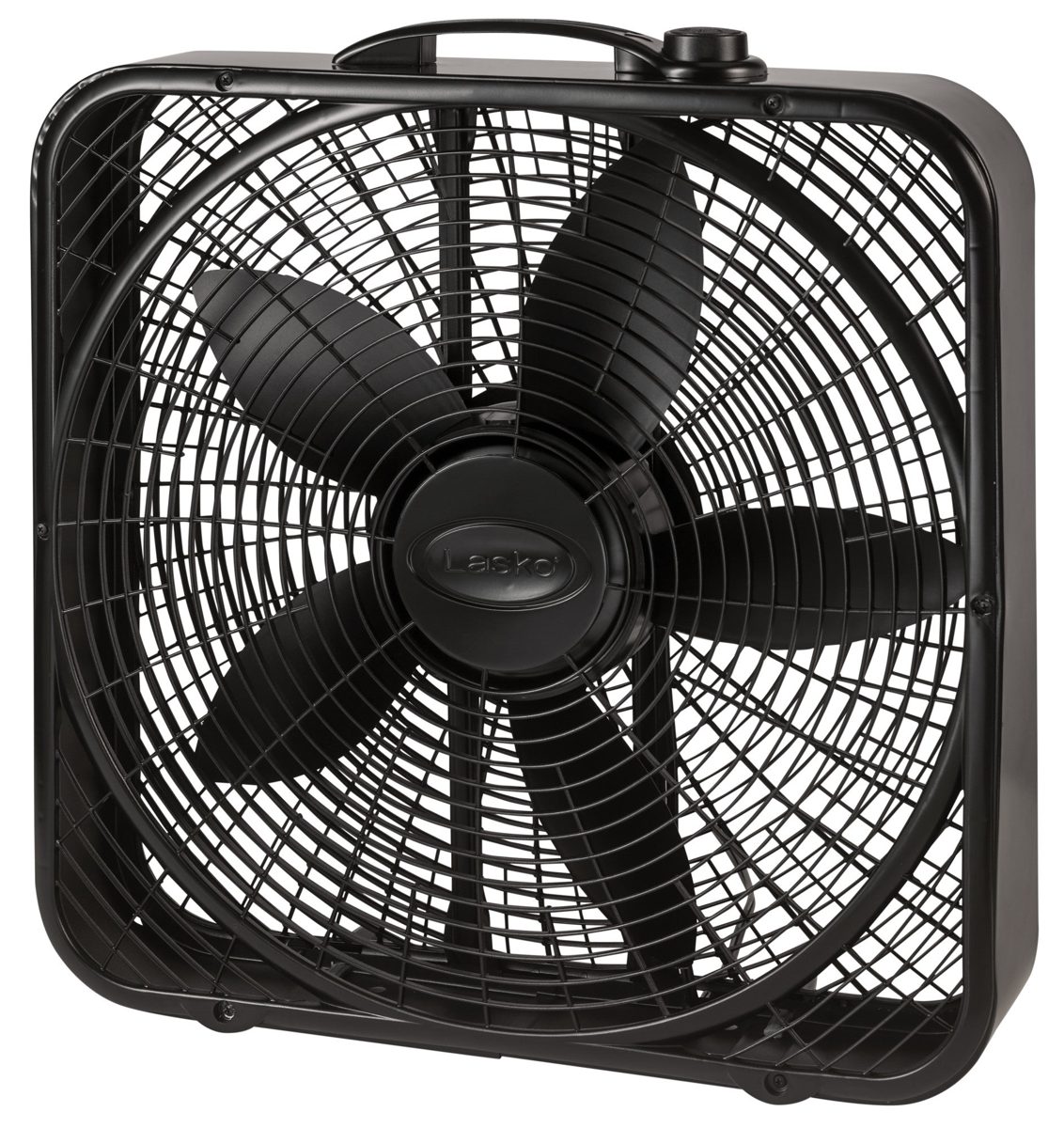 Black Lasko Power Plus 20-inch box fan, front view, showing the grille and top carry handle