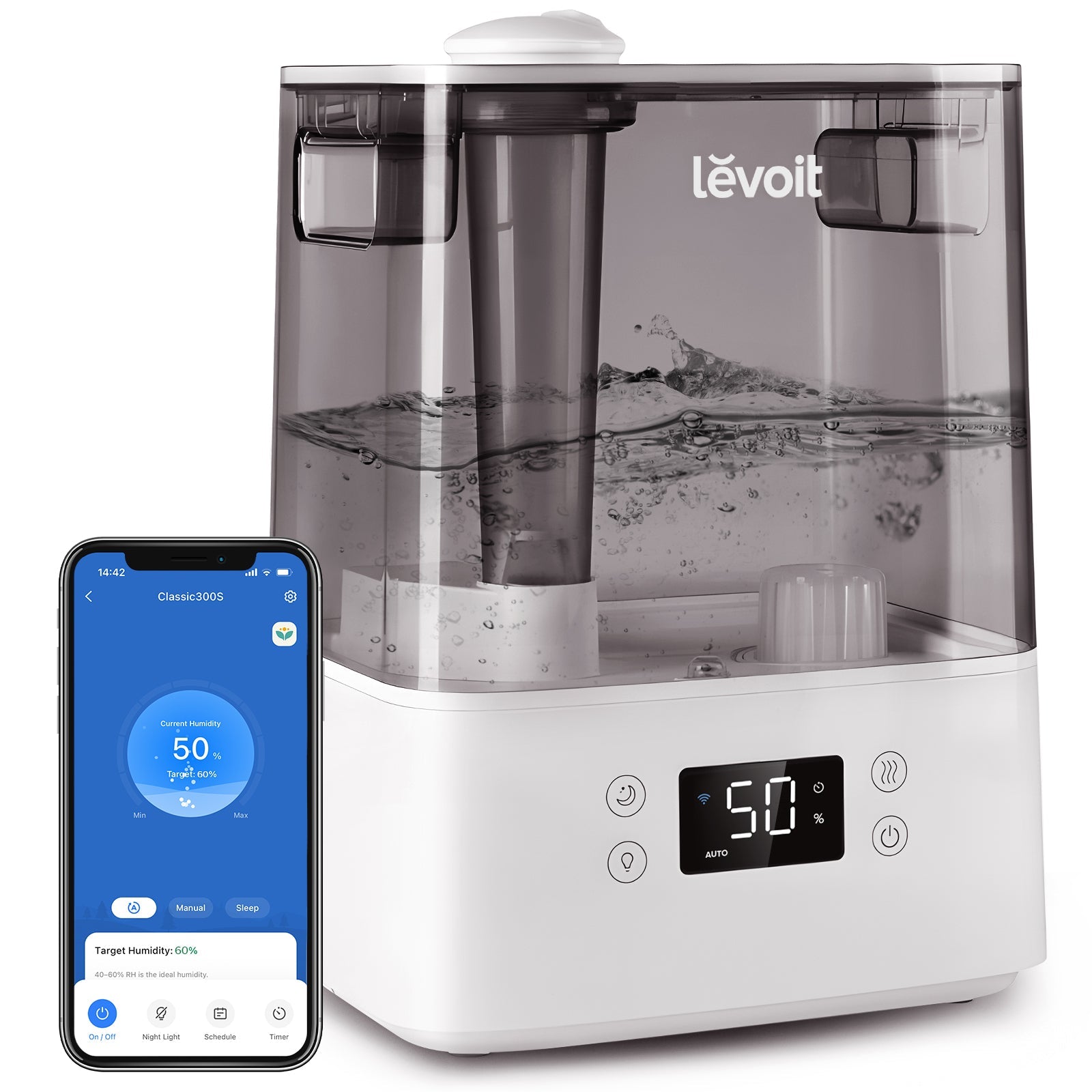 White Levoit Classic 300S humidifier, whole unit on white with the tinted top-fill tank and mist nozzle, next to a phone showing the VeSync app screen