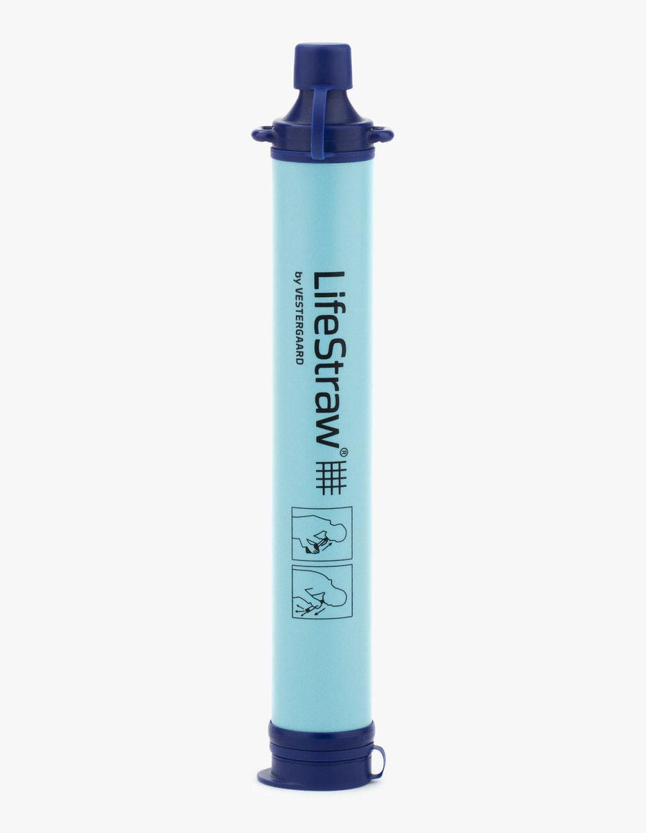 Blue LifeStraw personal water filter straw on a gray background