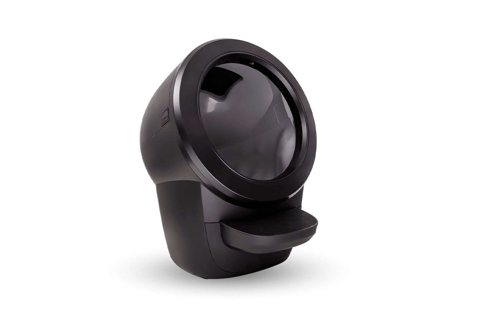 A black Litter-Robot 4 at a three-quarter angle, its round globe opening ringed by a black bezel and set into a matte black housing, with a small ridged rectangular panel on the left of the housing, a ridged black step extending forward at the bottom, and a soft shadow beneath, cut out against a transparent background