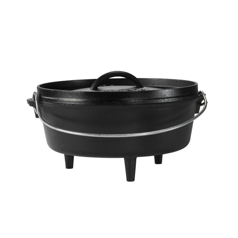 Black Lodge 10 inch 4 quart cast iron camp Dutch oven with three legs, flanged lid and wire bail handle