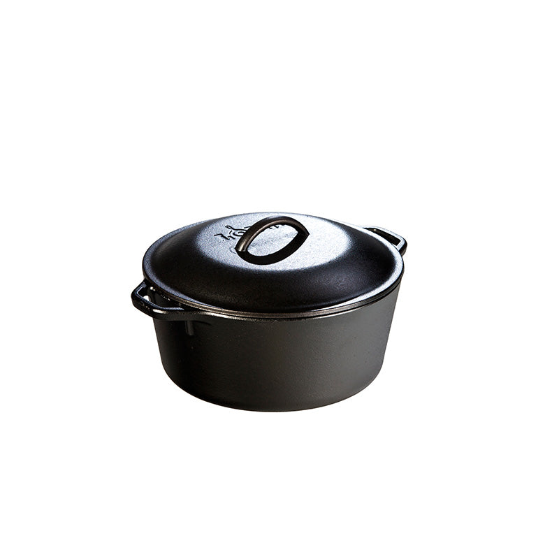 Black seasoned cast iron Dutch oven with two loop side handles and a domed cast iron lid with a center loop handle
