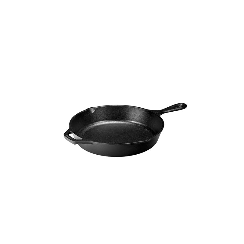 Black cast iron skillet with a long handle, an opposite assist handle, and pour spouts on both sides