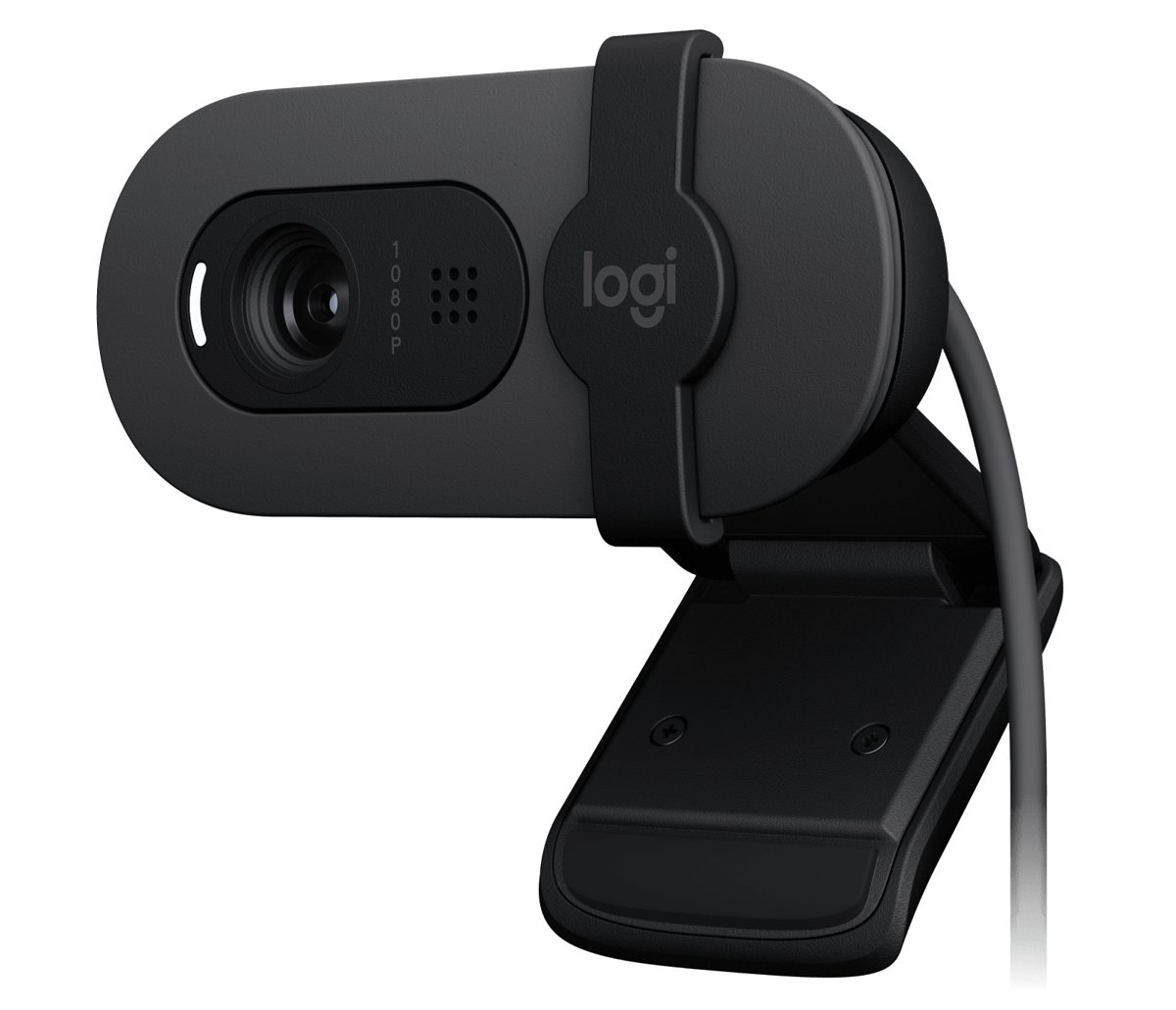 Small graphite Logitech Brio 100 webcam with a slim front lens window, viewed from the front