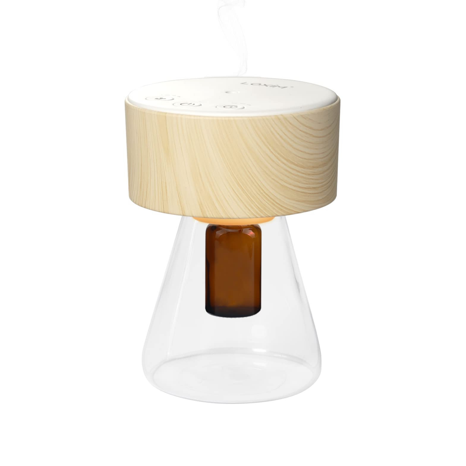 LOXIM Twilight nebulizing diffuser: a light wood-grain cylinder capped by a white top plate with three buttons, a warm glow at the neck of an amber oil bottle hanging inside a clear glass cone, and a faint wisp of mist at the top