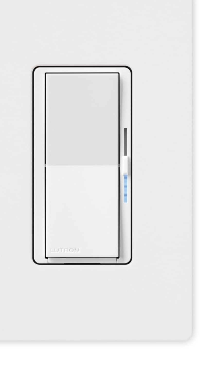 White Lutron Diva smart dimmer face-on in a white wallplate cropped at its top and left edges, blue light-bar segments under the slider at the paddle's right edge, LUTRON embossed at the paddle's lower left