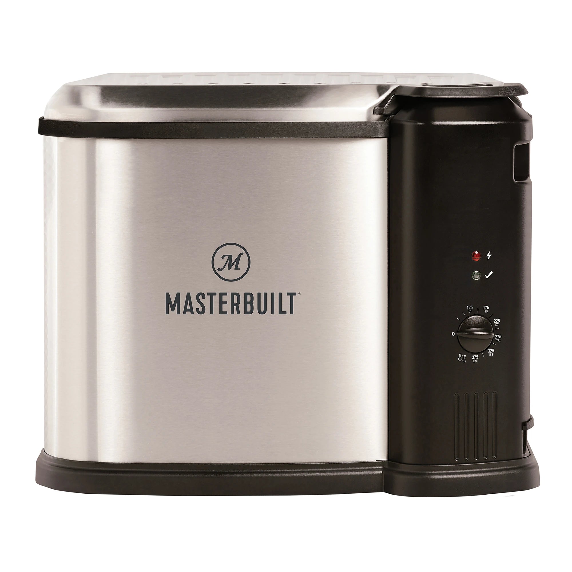 Masterbuilt 10L XL Electric Fryer, Boiler and Steamer seen from the front on a white studio background: a brushed stainless steel pot with the MASTERBUILT name and a circled M mark printed on its face, under a brushed stainless steel lid with a row of vent slots on top and a black band around its rim, standing on a black base; the black control tower on the right carries a red lens beside a printed lightning-bolt mark above a clear green-tinted lens beside a printed check-mark mark, over a knob ringed 0, 125, 175, 225, 275, 325, 375 with the Celsius figures 51 to 190 beneath them and a thermometer glyph marked F over C