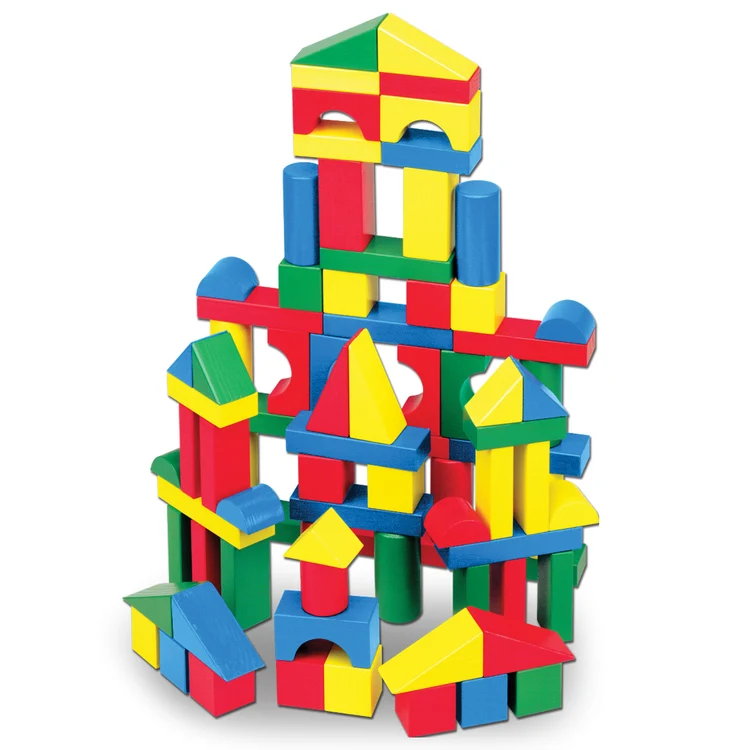 Melissa & Doug 100-Piece Wood Blocks Set with colored wooden blocks in several shapes