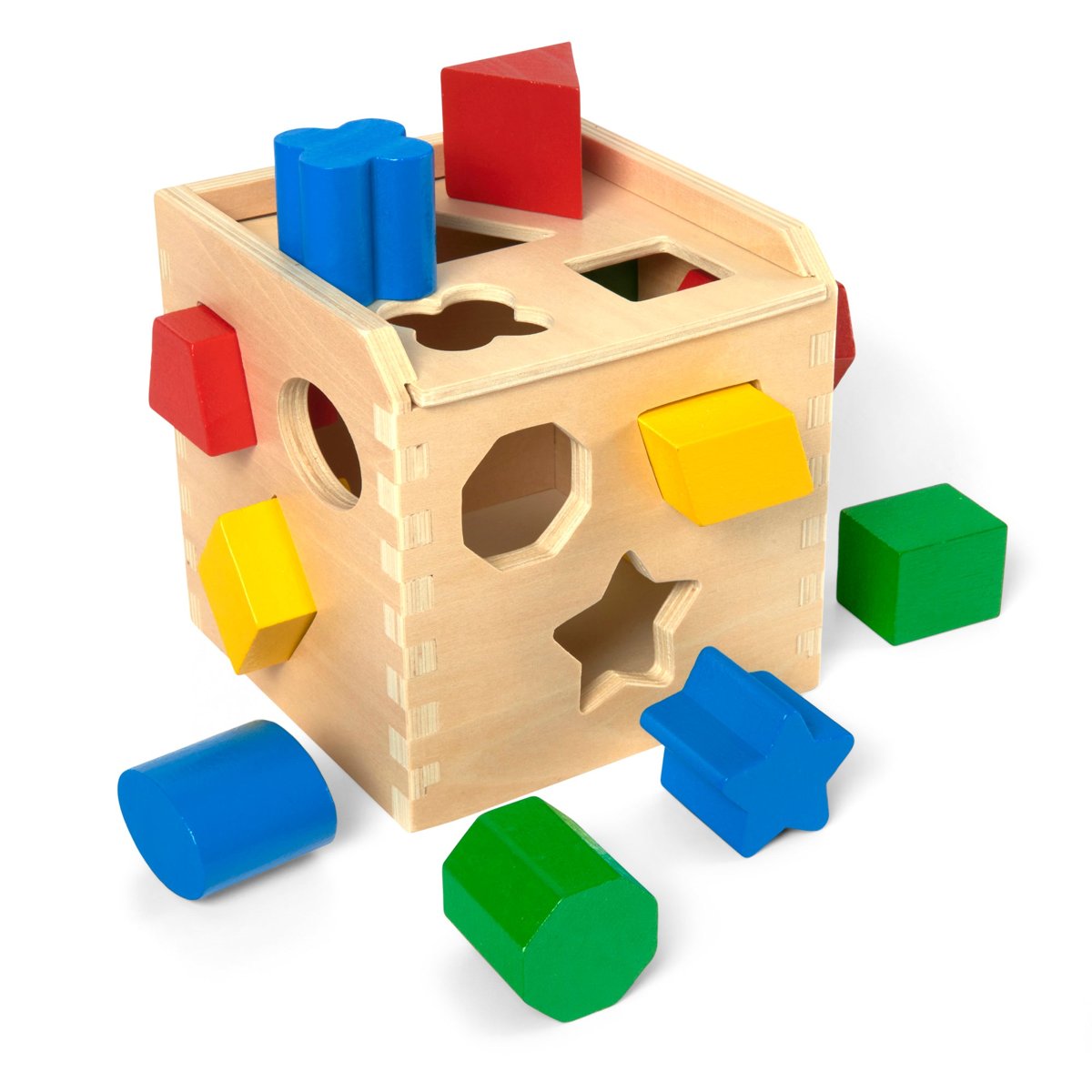 Melissa & Doug Shape-Sorting Cube, a natural wood cube with colored wooden shapes beside it