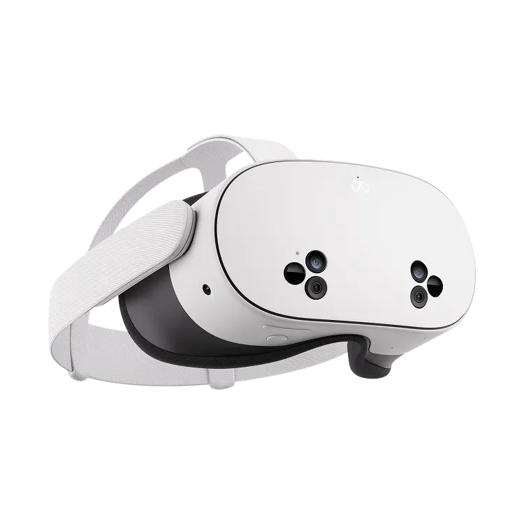 White Meta Quest 3S headset in a three-quarter front view, showing the face plate with two camera clusters, the white woven strap and the dark gray facial interface