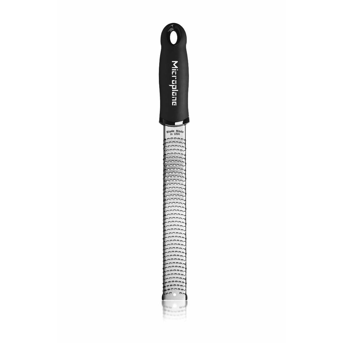 Black Microplane Premium Classic Series zester grater with a soft-touch handle and stainless steel rasp blade
