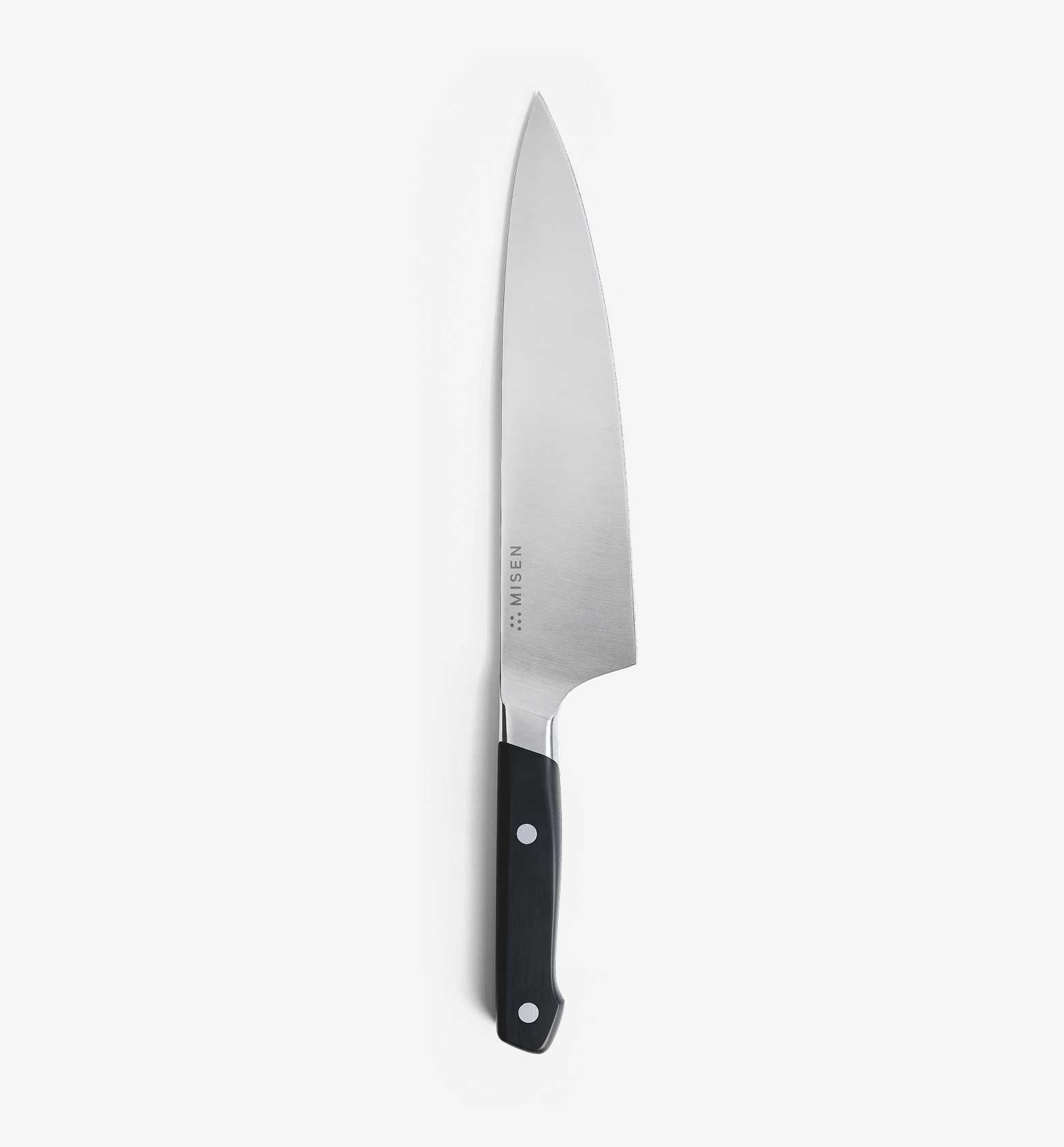 Misen 8-inch ACUTO440 chef's knife in black, blade etched MISEN, on a plain white background