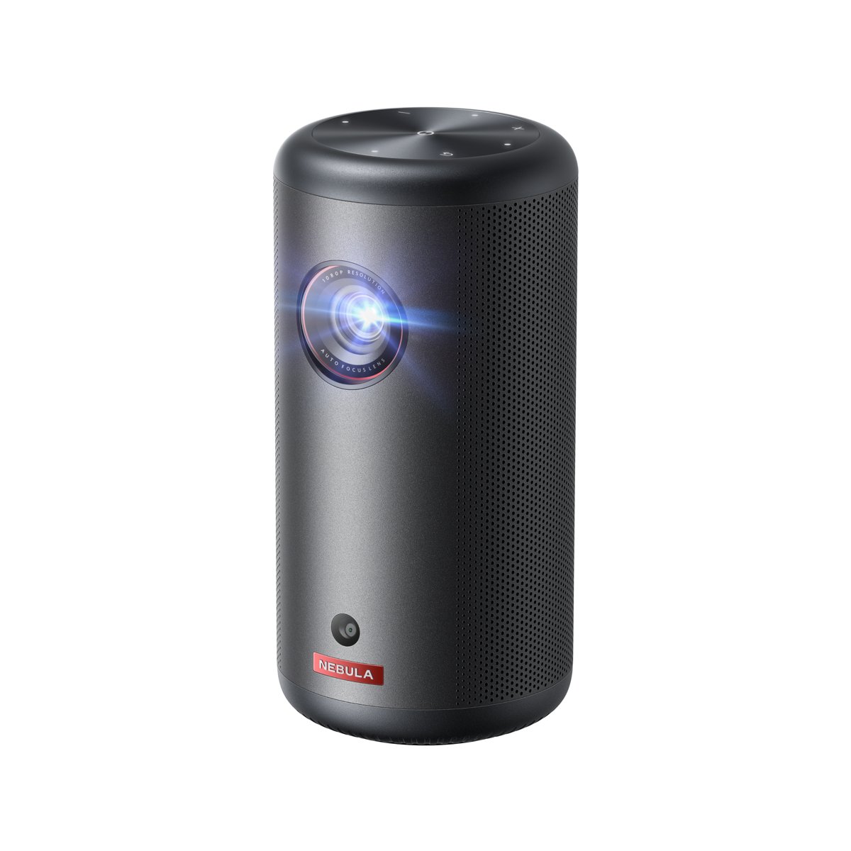 Black cylindrical Nebula Capsule 3 projector standing upright with its lens and front grille facing the camera