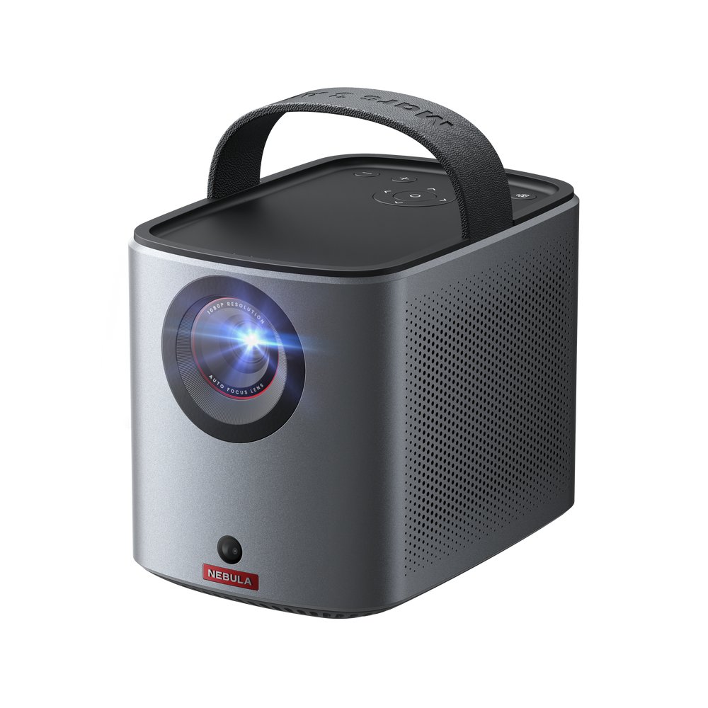 Nebula Mars 3 Air projector in gray with its black carry handle raised, lens facing front left