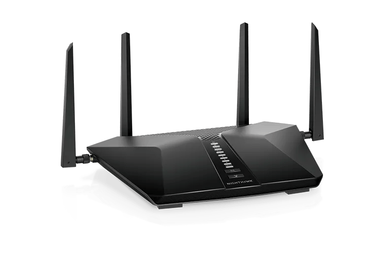Black NETGEAR Nighthawk RAX43 router with four external antennas