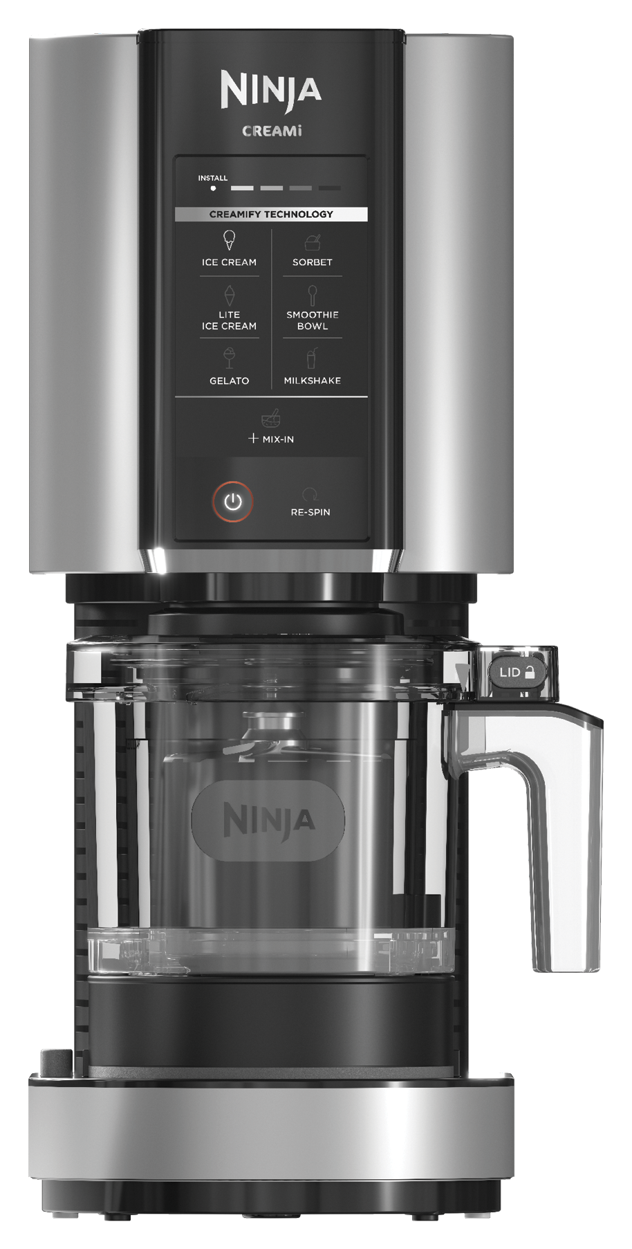 Ninja CREAMi NC301 ice cream maker in Cloud Silver, front view with the full program panel from Ice Cream to Re-Spin, and the empty clear outer bowl with its LID lock handle fitted below