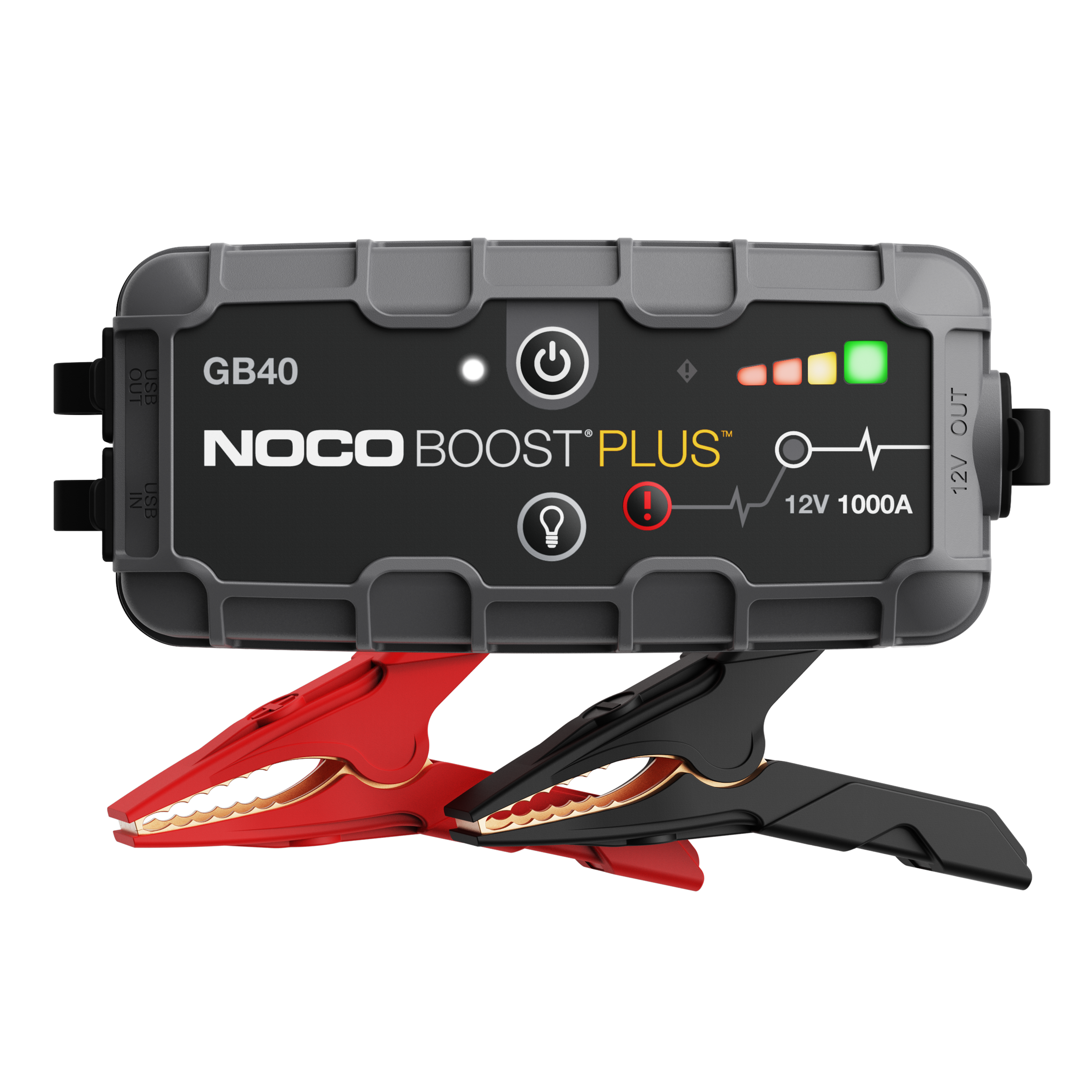 NOCO Boost Plus GB40 in charcoal gray with rubberized over-molding, the NOCO BOOST PLUS logo, power and flashlight buttons, a lit green charge LED beside three smaller indicator lights, and red and black clamps with copper jaws