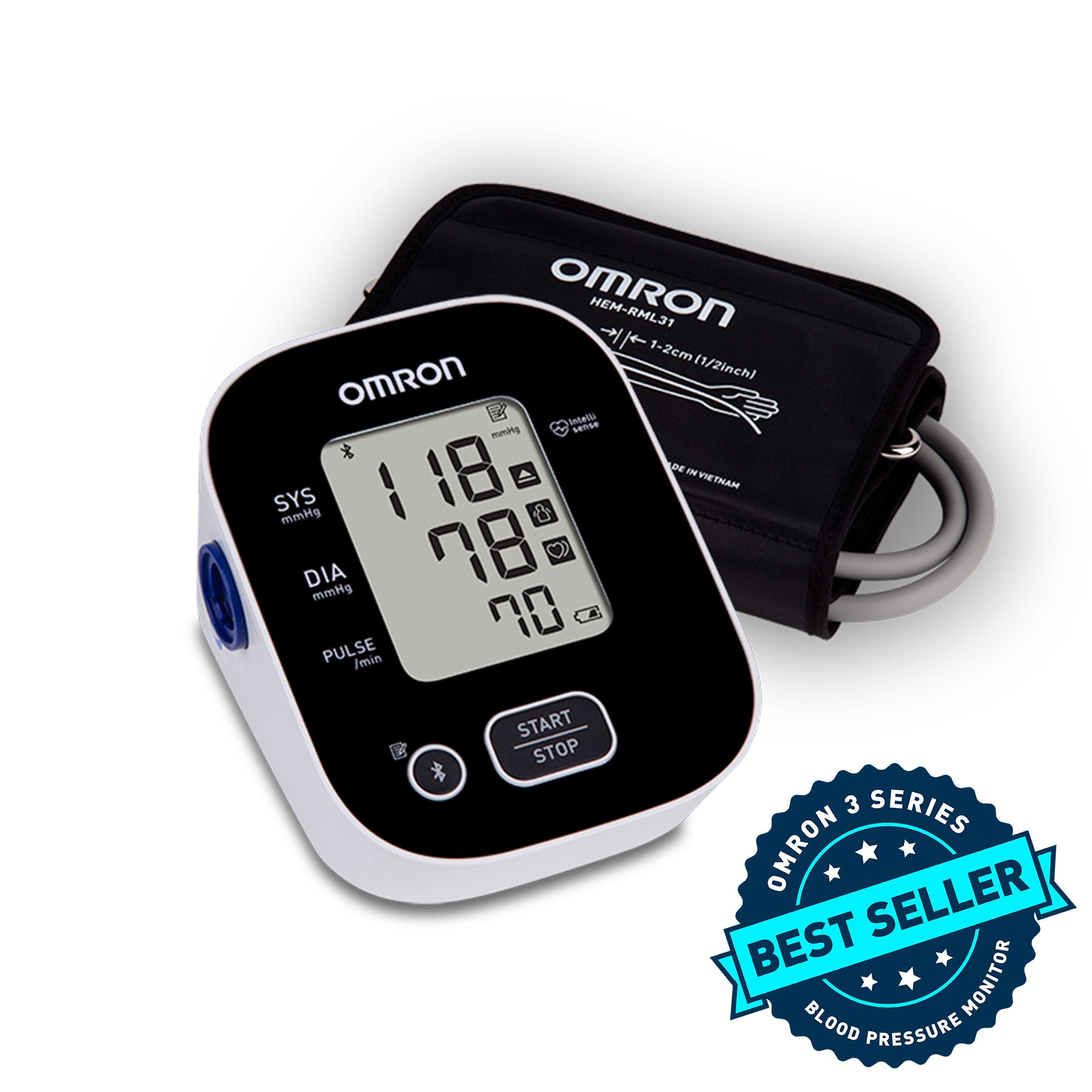 OMRON 3 Series BP7150 upper arm blood pressure monitor with its black wide-range D-ring cuff behind it