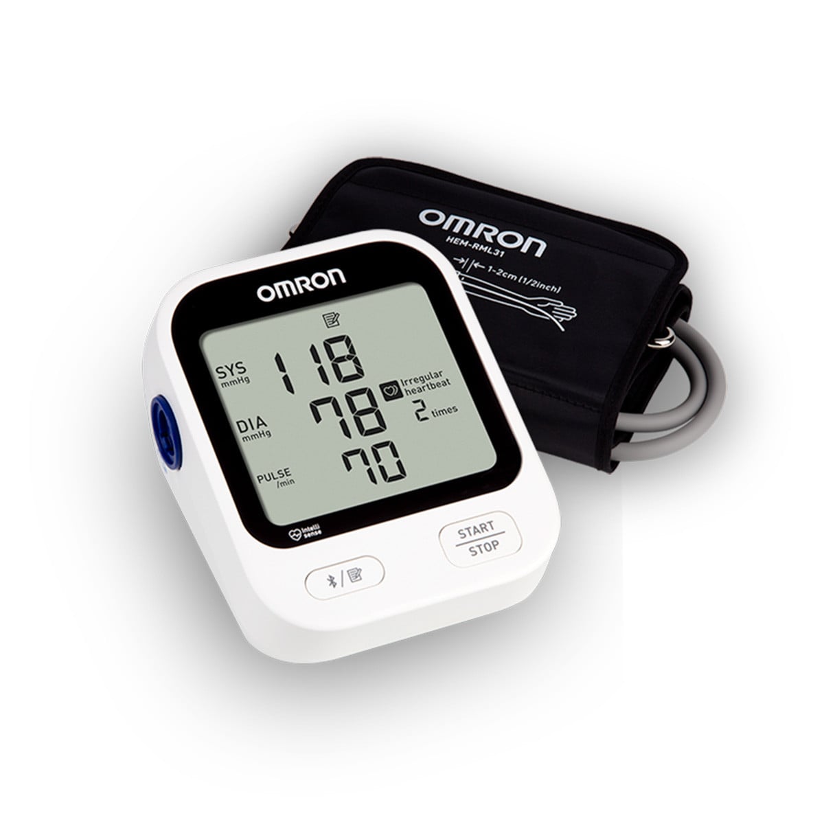 OMRON 5 Series upper arm blood pressure monitor BP7255 with its wide-range D-ring cuff, display showing a reading