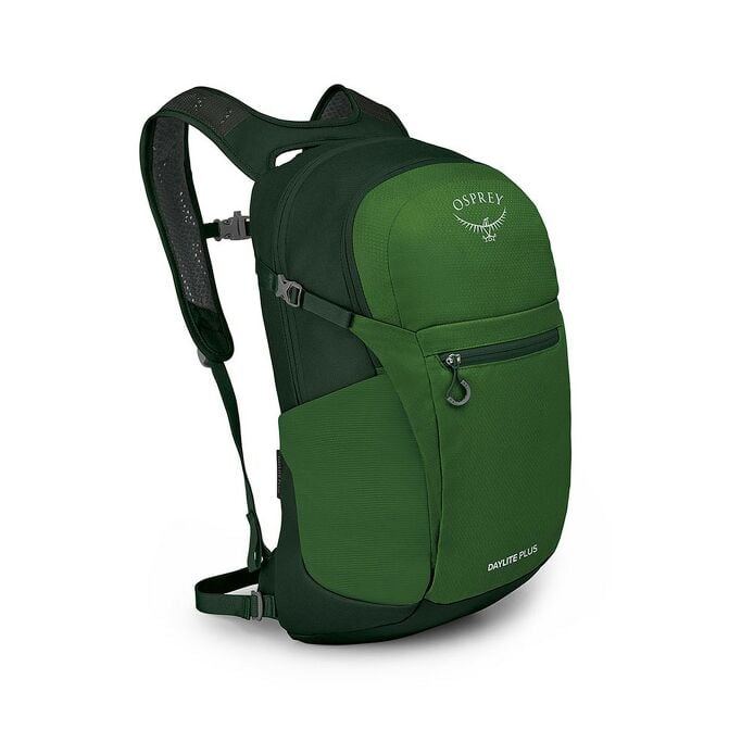 Osprey Daylite Plus daypack in Green Belt/Green Canopy, shown from the side with stretch mesh side pocket and padded shoulder straps