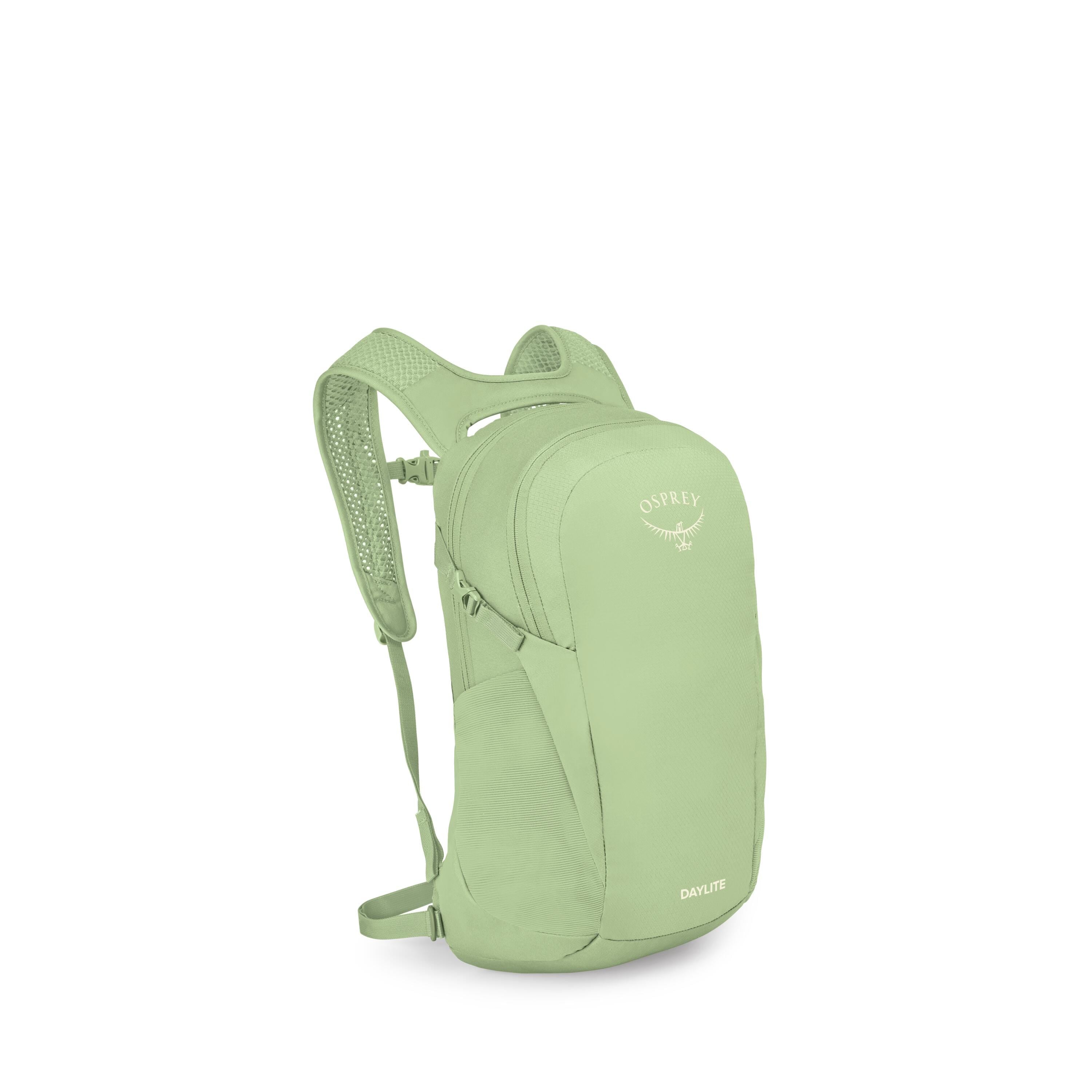 Osprey Daylite daypack in Pistachio Green shown from the side with the stretch mesh bottle pocket and side compression strap