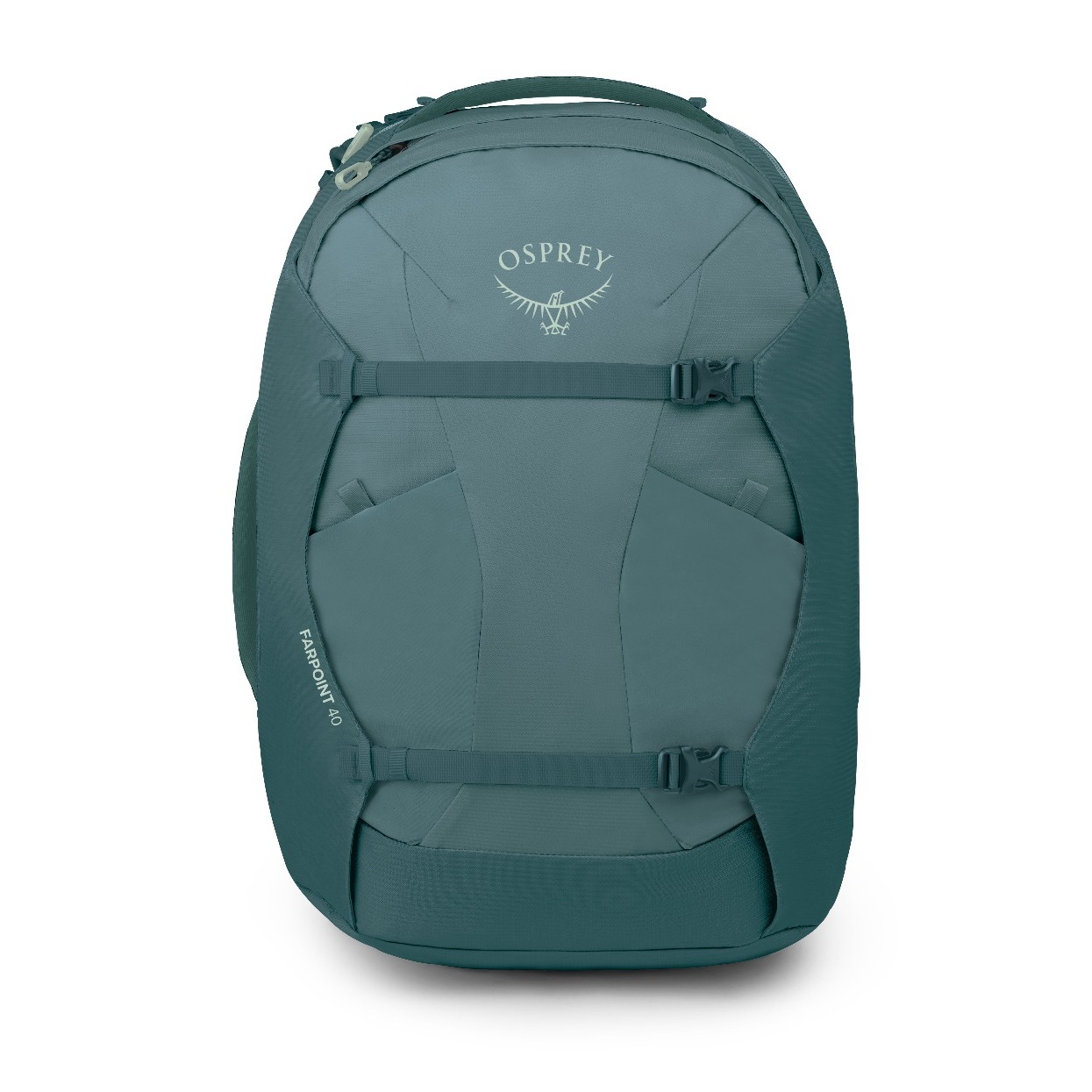 Osprey Farpoint 40 travel pack standing upright, front view, in the Cascade Blue-Torrent Blue colorway: muted teal-blue body, light OSPREY lettering with a bird mark on the upper front panel, vertical Farpoint 40 text on the lower left, two horizontal compression straps with dark buckles and a carry handle at the crown, on a plain white background