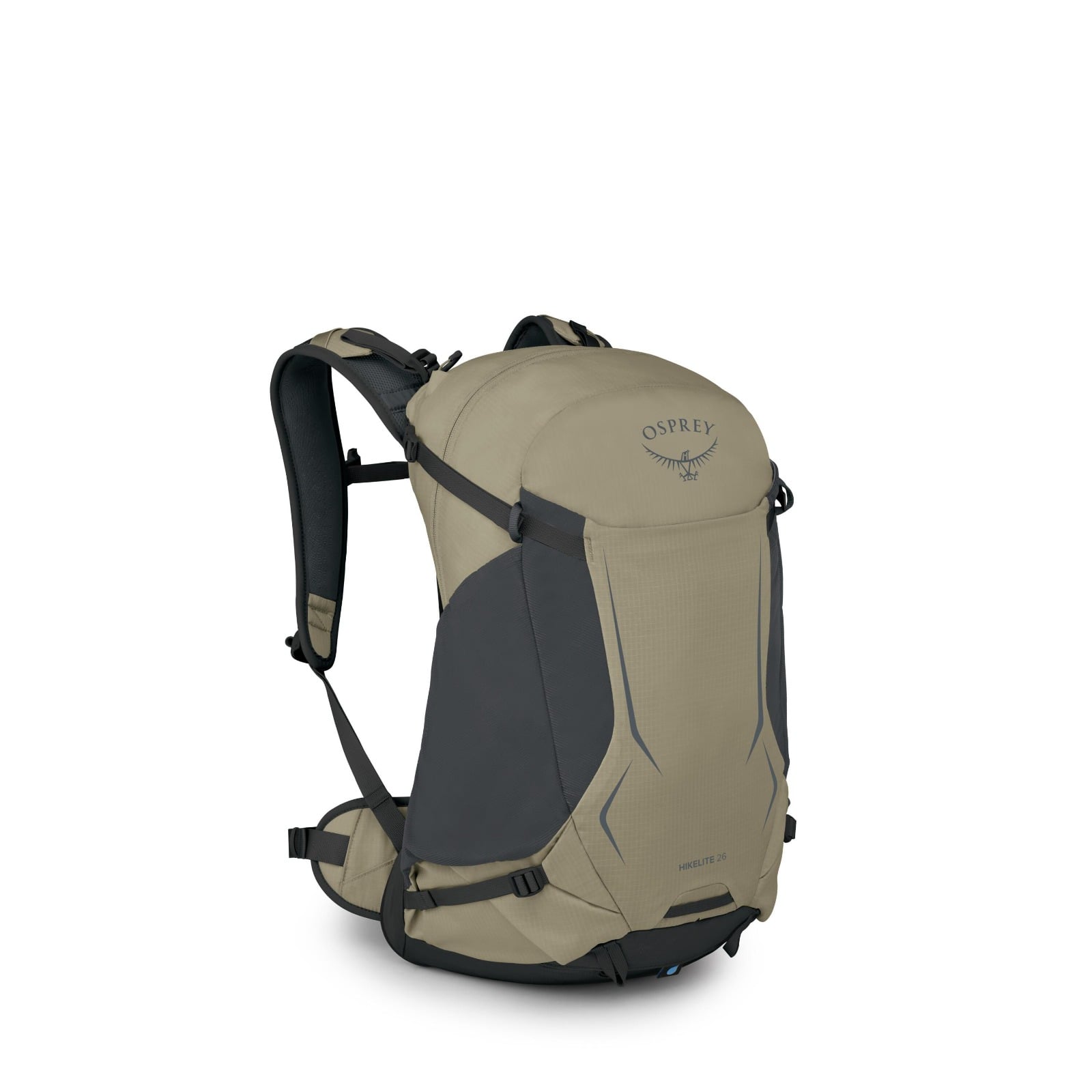 Olive Tan Osprey Hikelite 26 hiking backpack seen from the side, showing the stretch pocket and compression straps