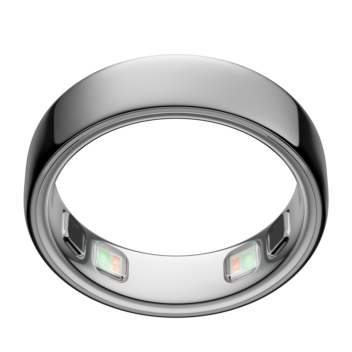 Oura Ring 5 in Silver, the titanium smart ring shown with its pale interior surface and sensor dome
