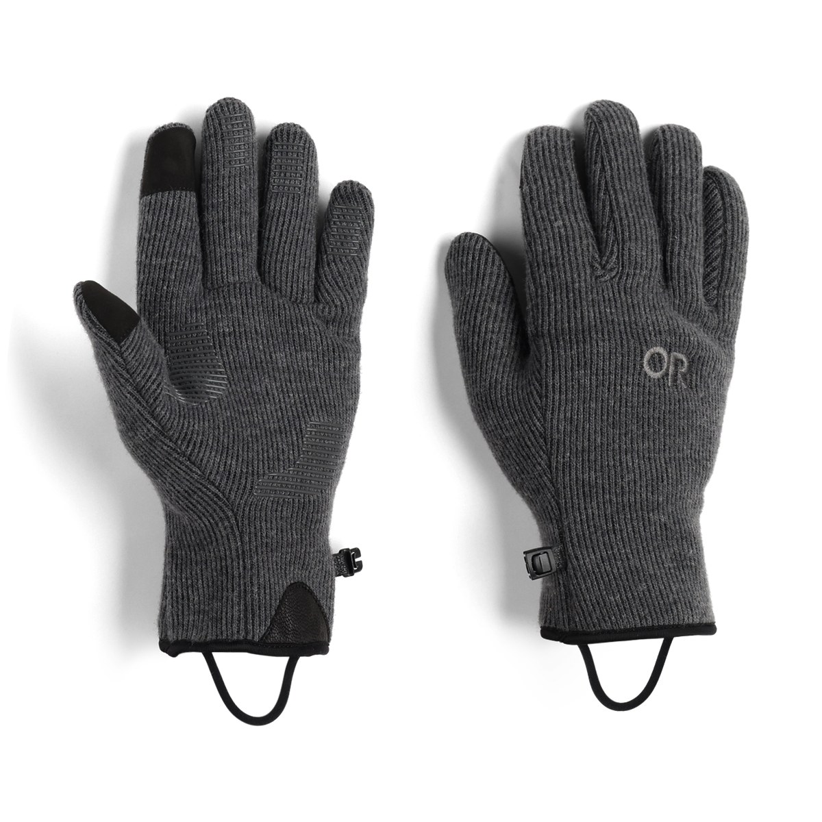 Charcoal Outdoor Research Men's Flurry Sensor Glove, back of hand view, showing the knit fabric and glove clip