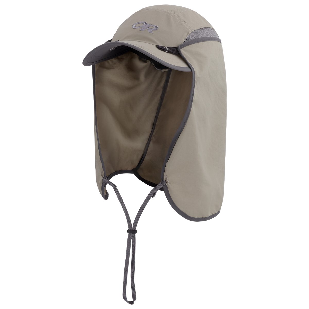 Khaki Outdoor Research Sun Runner Cap with the neck cape attached and the chin cord hanging below