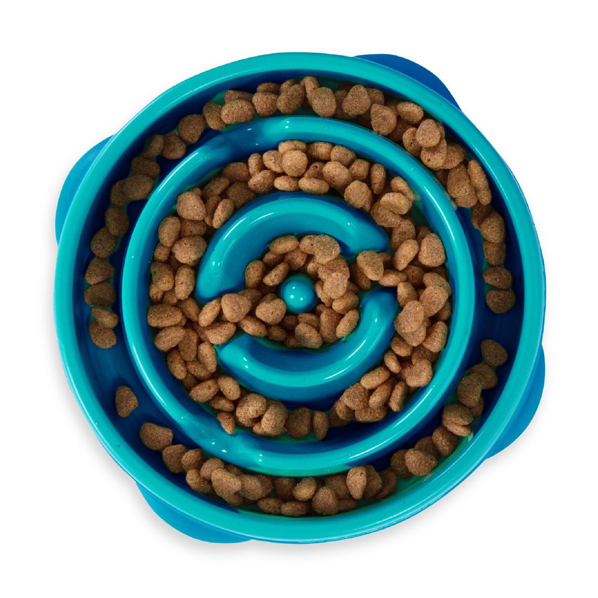 Turquoise Outward Hound Fun Feeder Slo Bowl, medium, seen from above with kibble in the spiral ridges