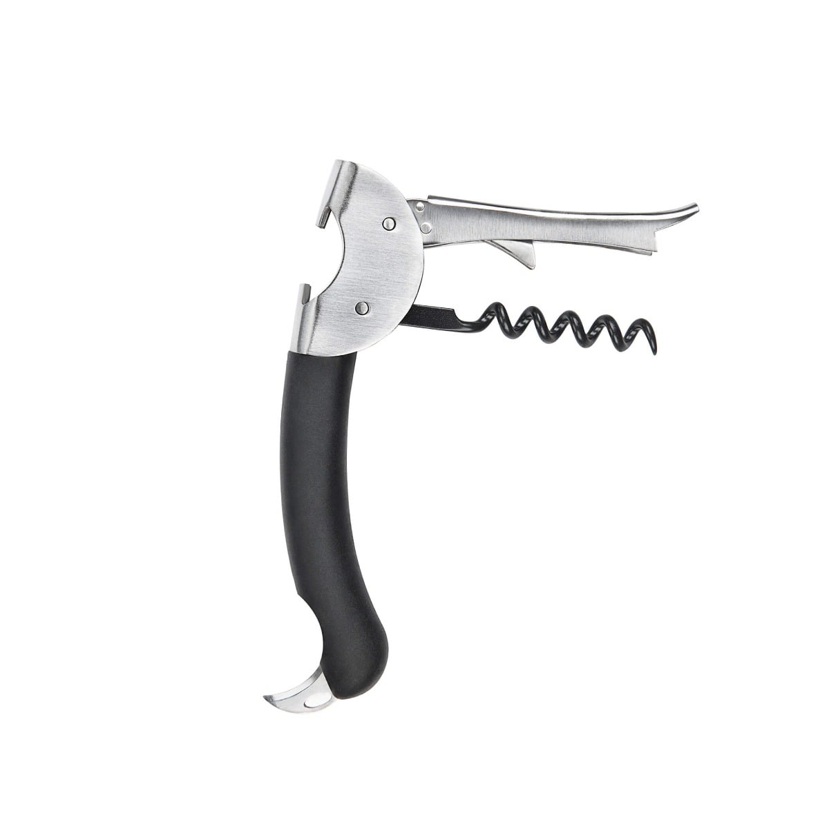 OXO Steel Double Lever Waiter's Corkscrew with black grip, stainless lever and black non-stick spiral, shown open