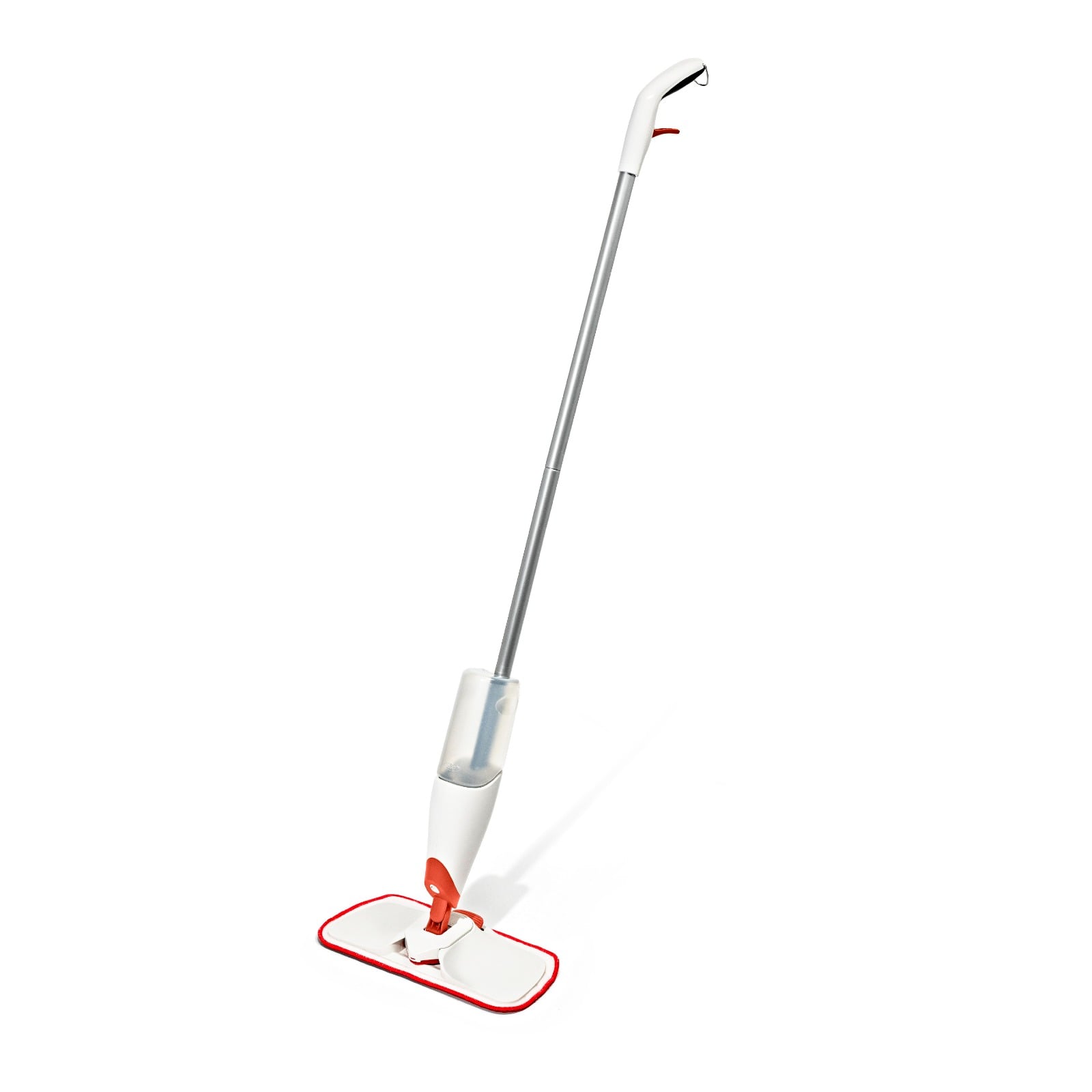OXO Good Grips Microfiber Spray Mop standing upright, white and orange, with the solution bottle mounted on the pole