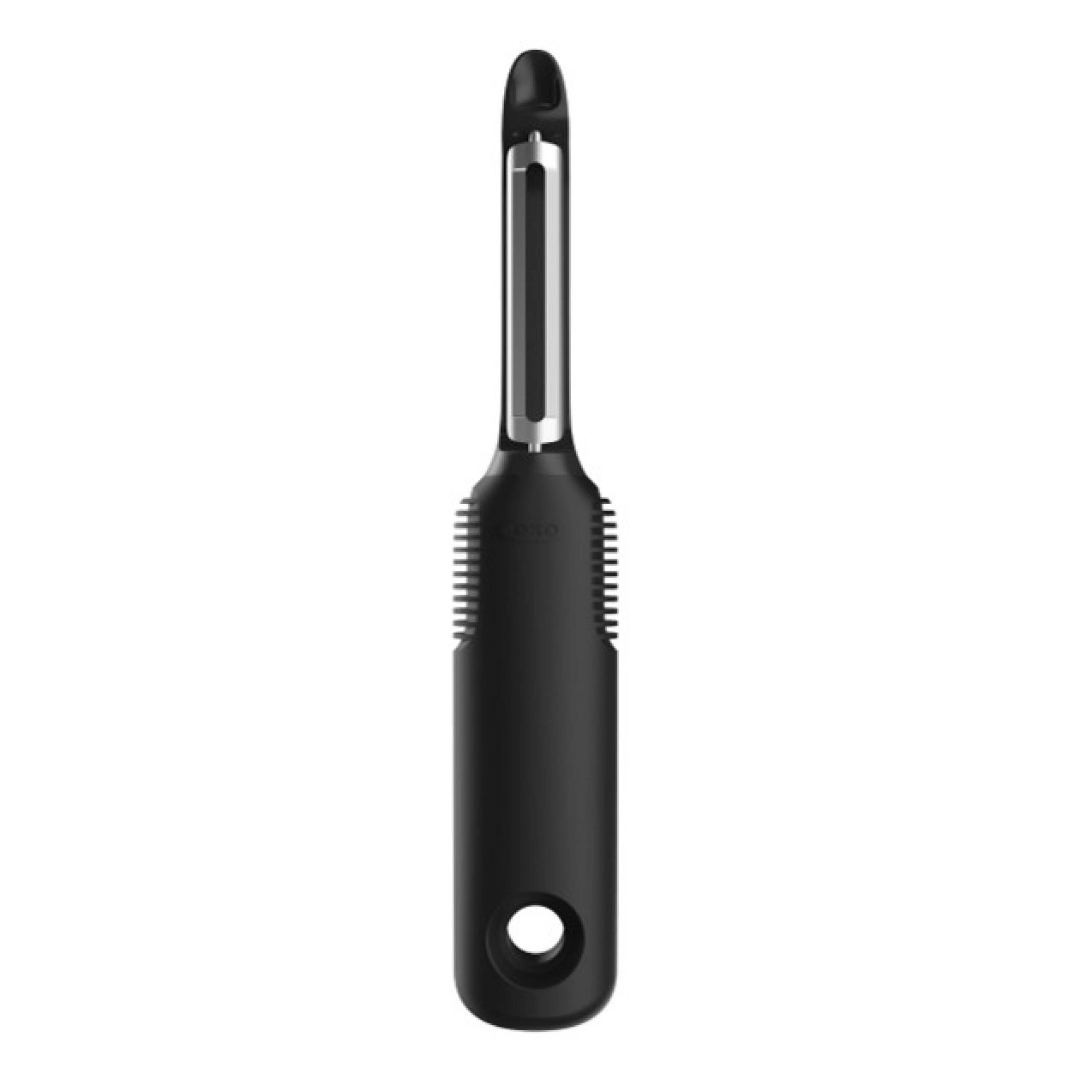 Black OXO Good Grips swivel peeler with stainless steel blade