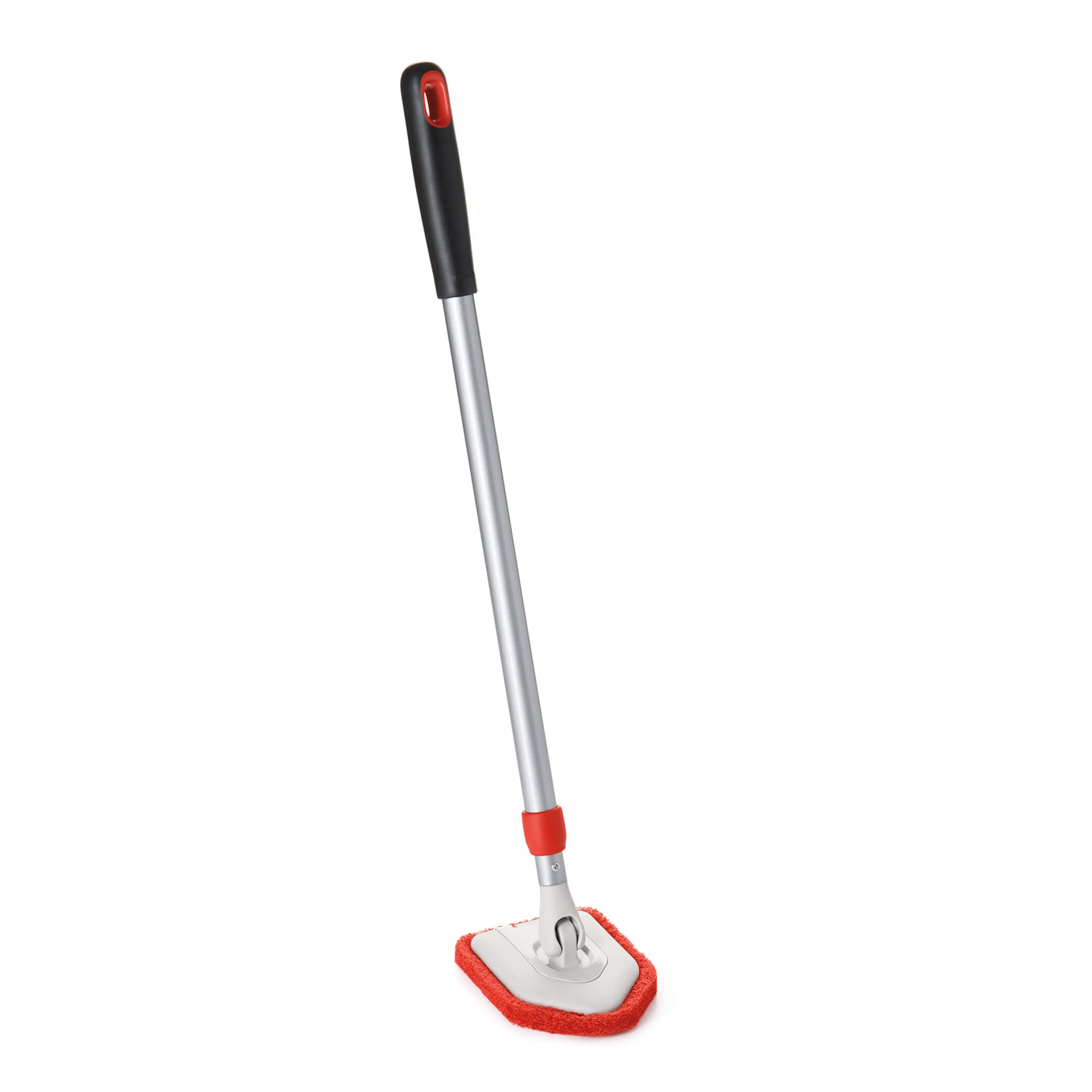 OXO Extendable Tub & Tile Scrubber with silver pole, black grip and red scrub pad