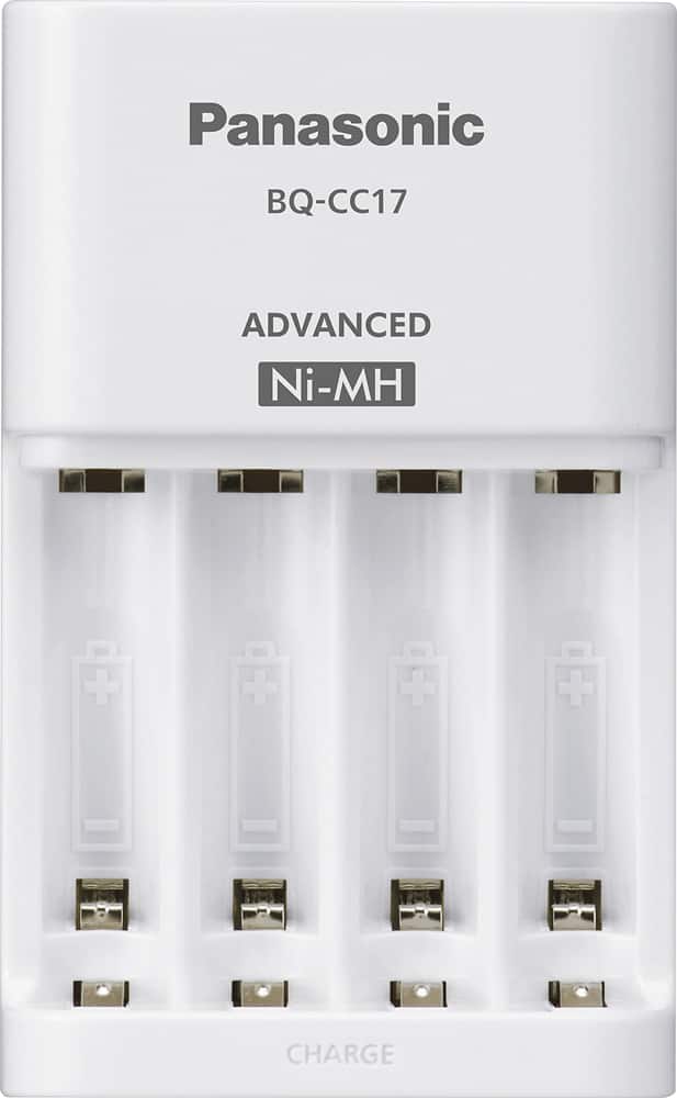 Panasonic's white BQ-CC17 charger from the eneloop kit — Panasonic BQ-CC17 ADVANCED Ni-MH print on the body, four empty battery bays, on a plain white background