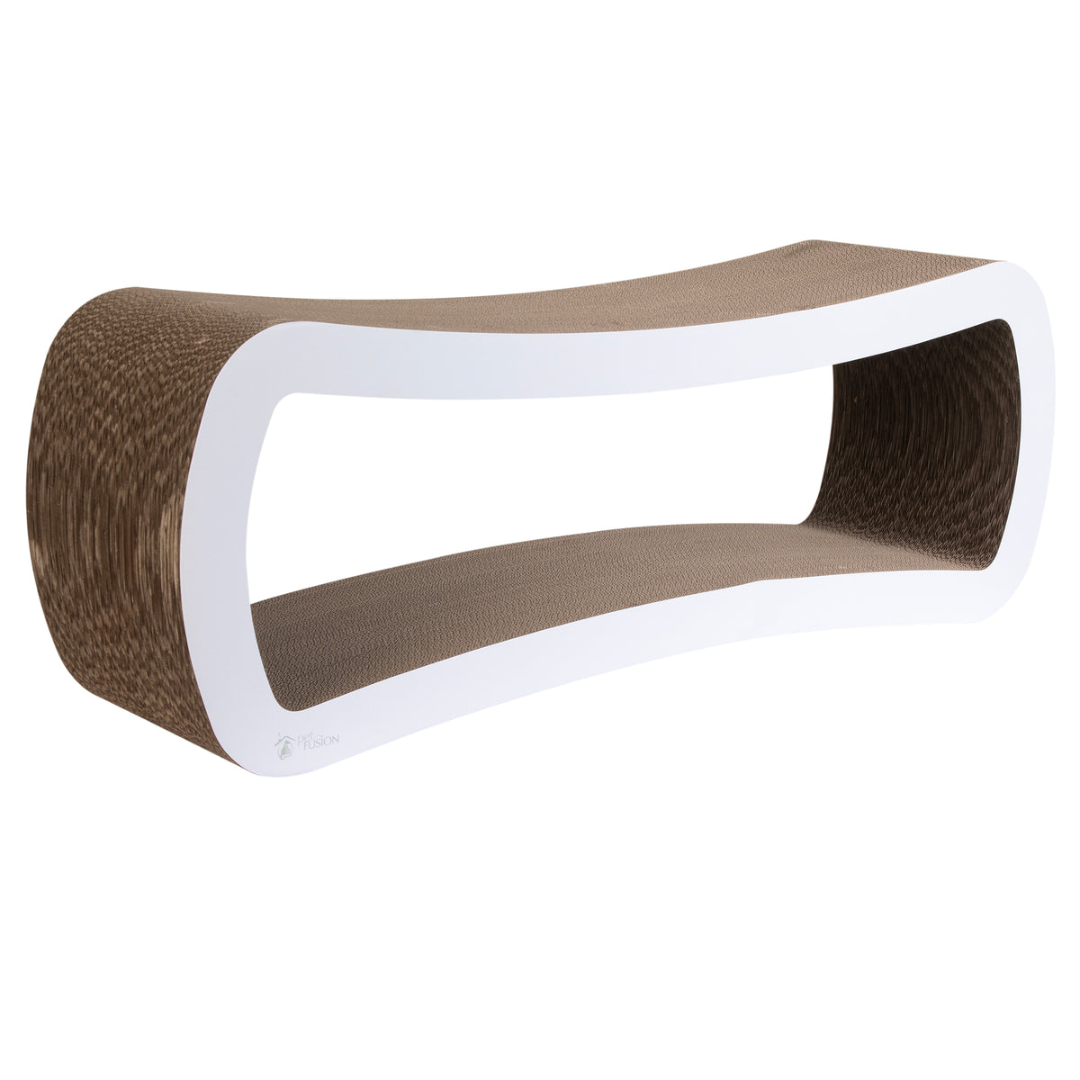 White PetFusion Jumbo Cat Scratcher Lounge, a curved corrugated cardboard loop seen from three-quarter view