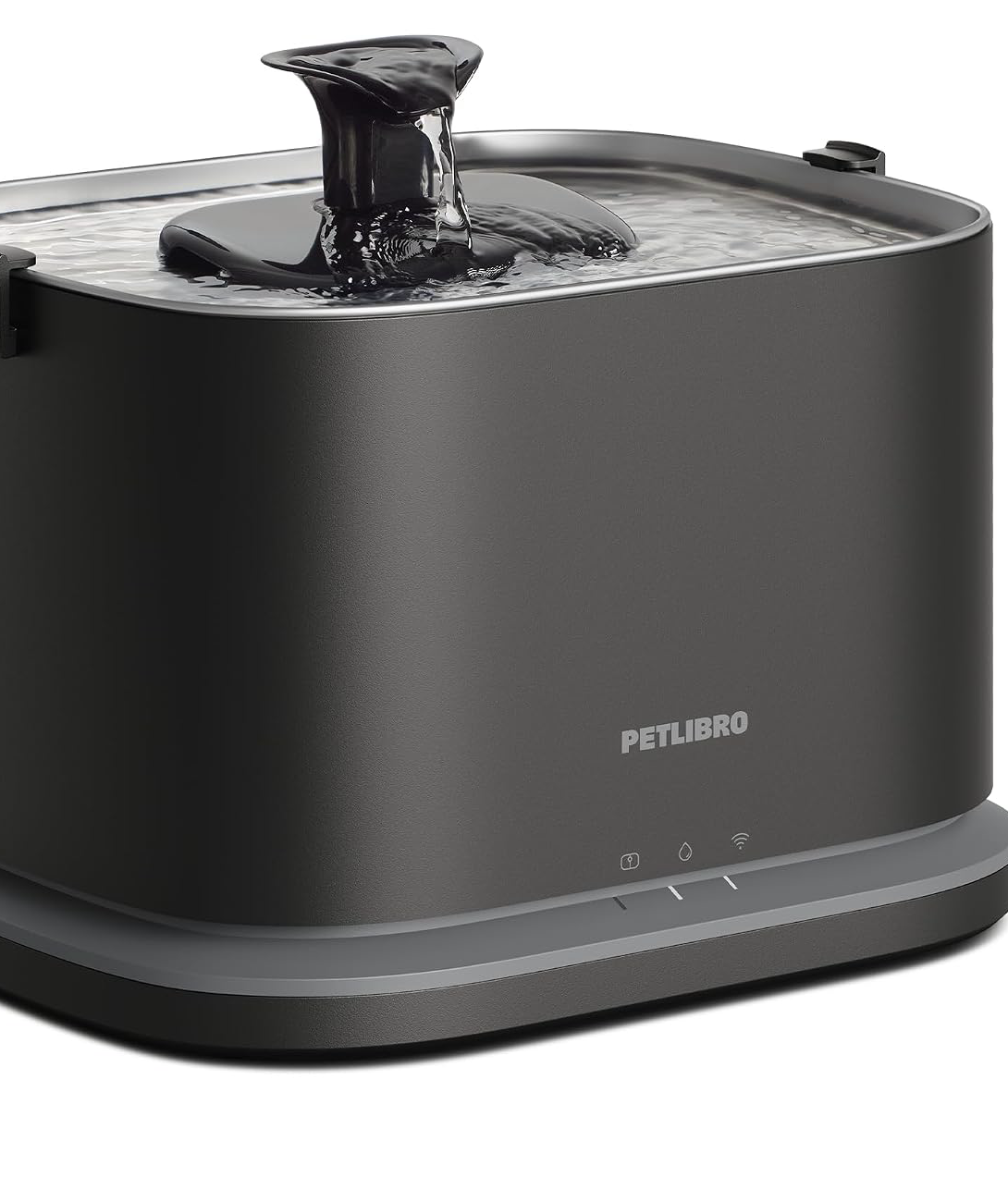 Petlibro's graphite Dockstream 2 smart fountain — a rounded-square stainless-tray unit with water flowing from the black flower spout, PETLIBRO printed on the front and three indicator icons on the base, on a plain white background