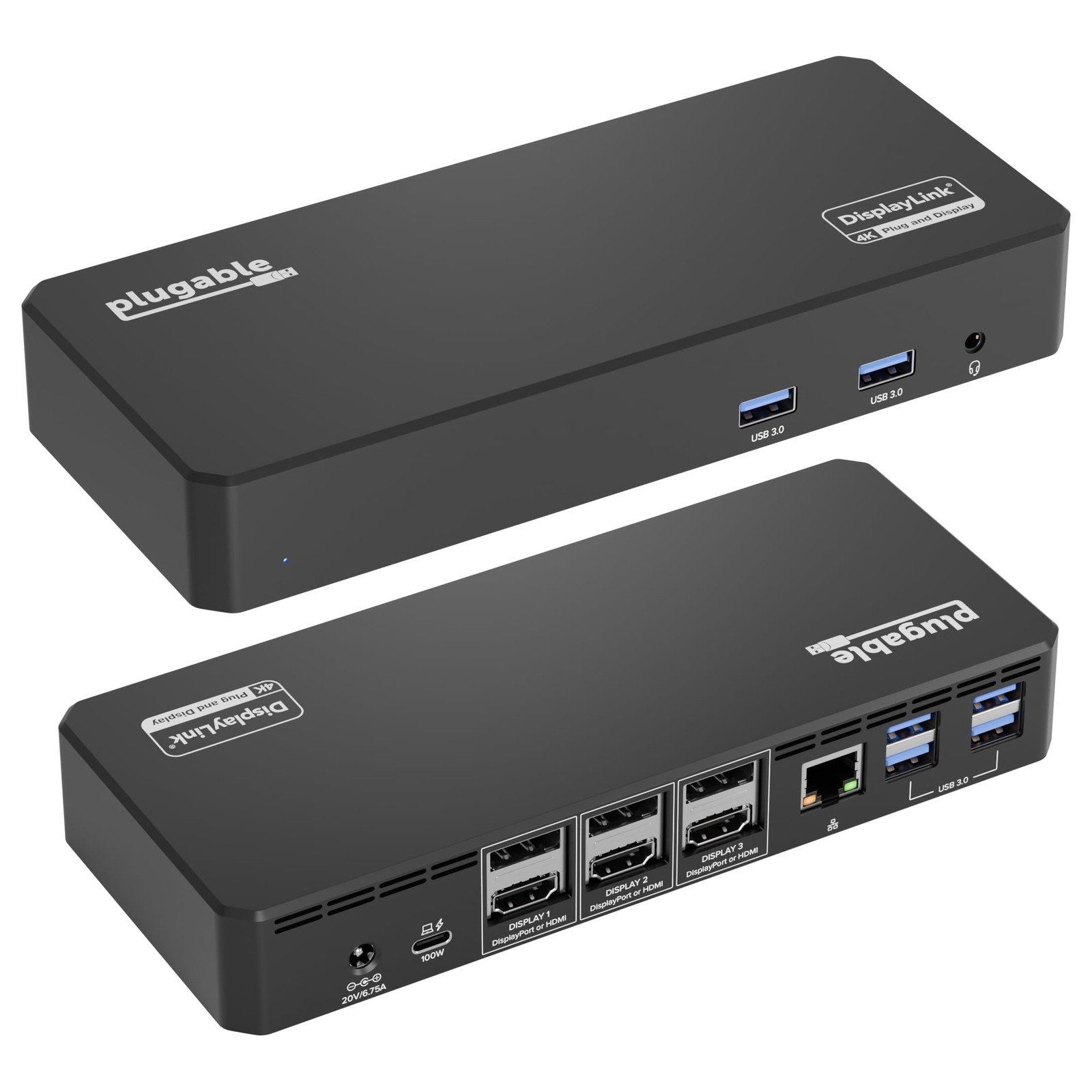 Two views of the same black Plugable UD-6950PDZ dock on a solid white background: from above, the plugable wordmark on the lid, a DisplayLink 4K Plug and Display badge, two USB 3.0 ports and a headset jack; from the back, three ports labeled DISPLAY 1, 2 and 3 marked DisplayPort or HDMI, a Gigabit Ethernet socket, four USB 3.0 ports, and the 100W host port beside the 20V 6.75A power input
