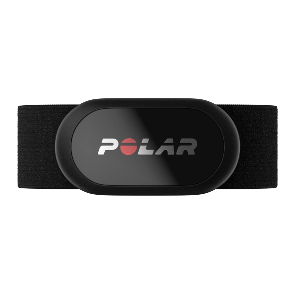 Black Polar H10 heart-rate sensor pod carrying the POLAR wordmark, snapped onto a black elastic chest strap
