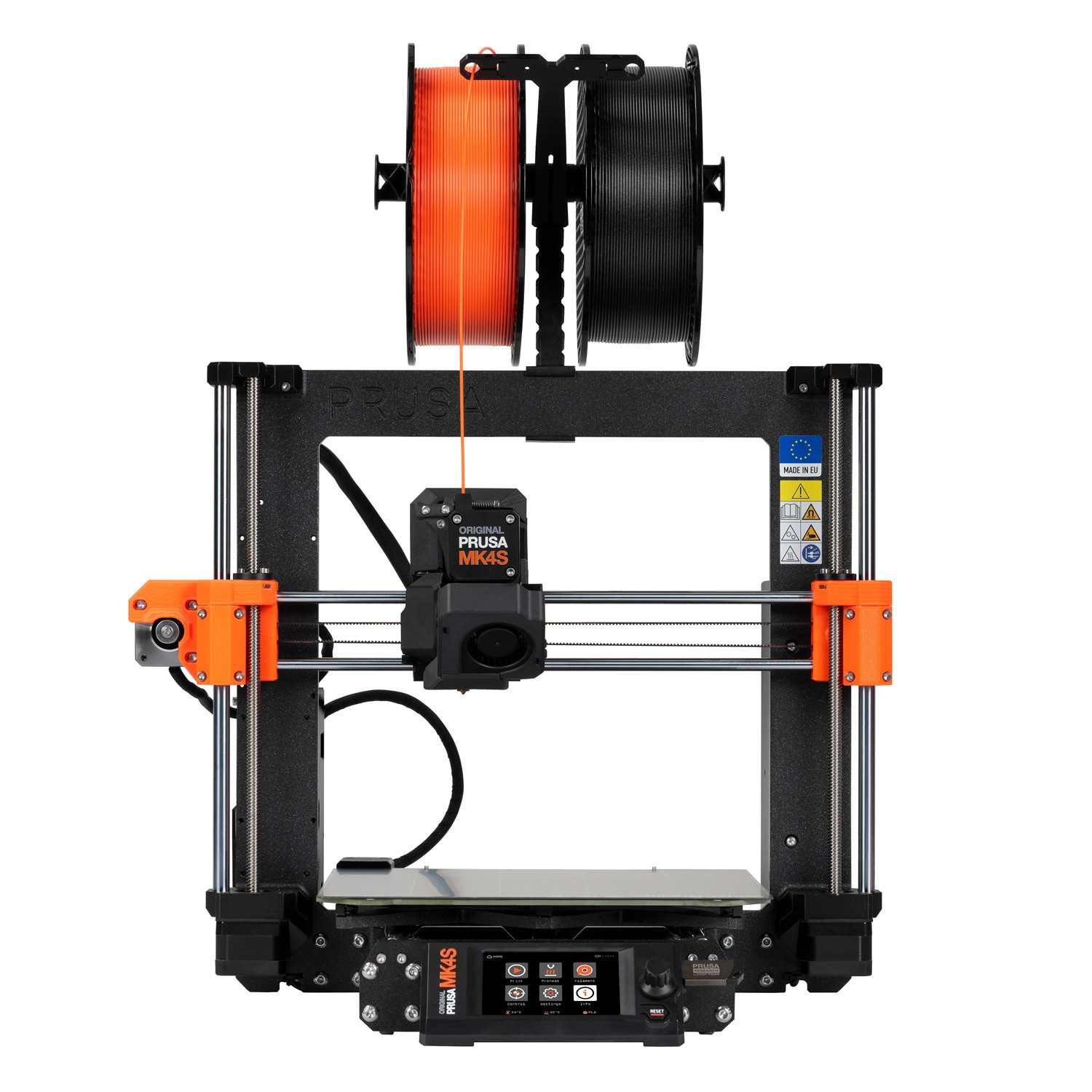 Original Prusa MK4S 3D printer from the front: black frame with orange printed parts, orange and black filament spools on the top holder, the Original Prusa MK4S nameplate on the extruder, and the screen and control knob at the base, on a white background
