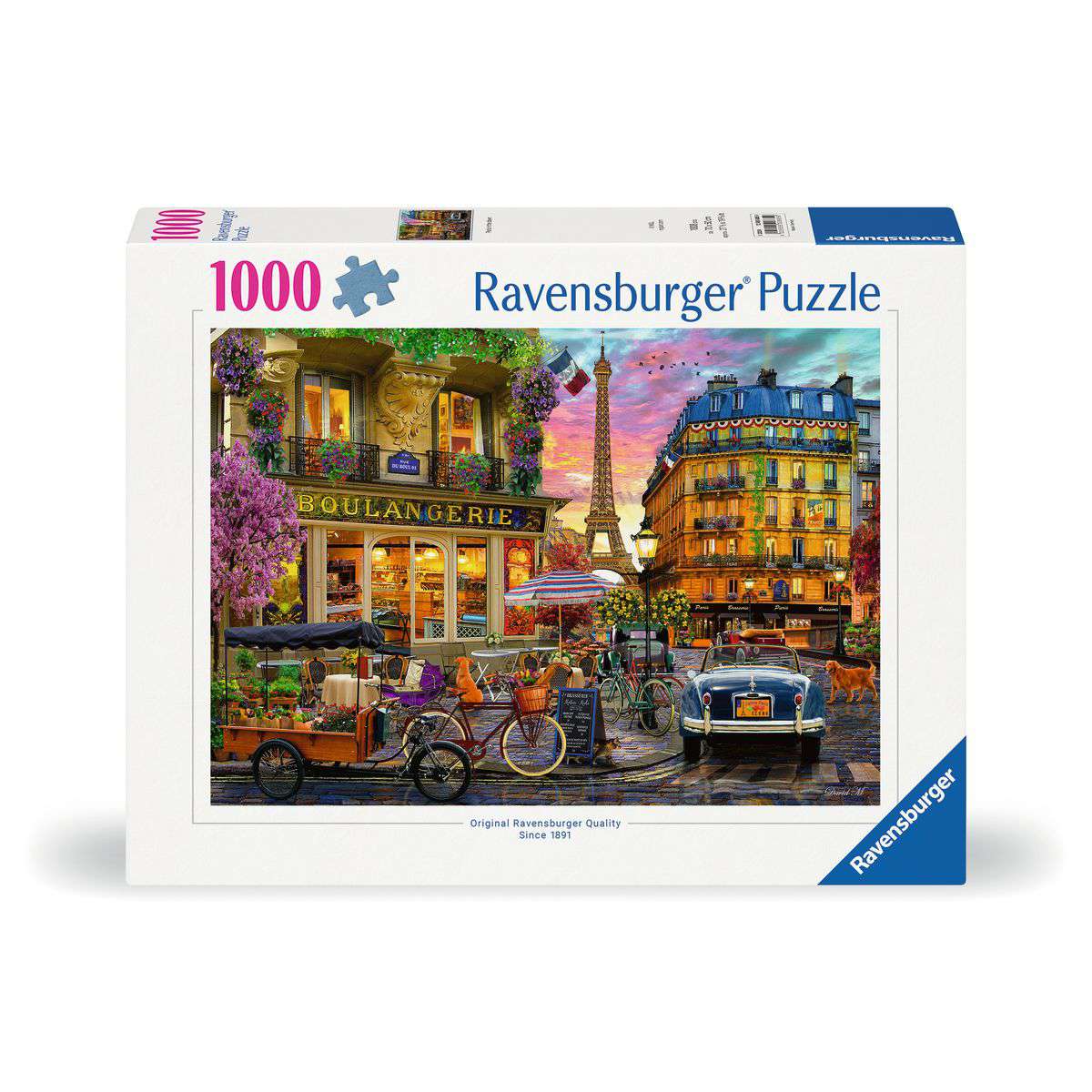 Ravensburger Paris in the Dawn 1000-piece puzzle box showing a Paris bakery street at sunrise with the Eiffel Tower
